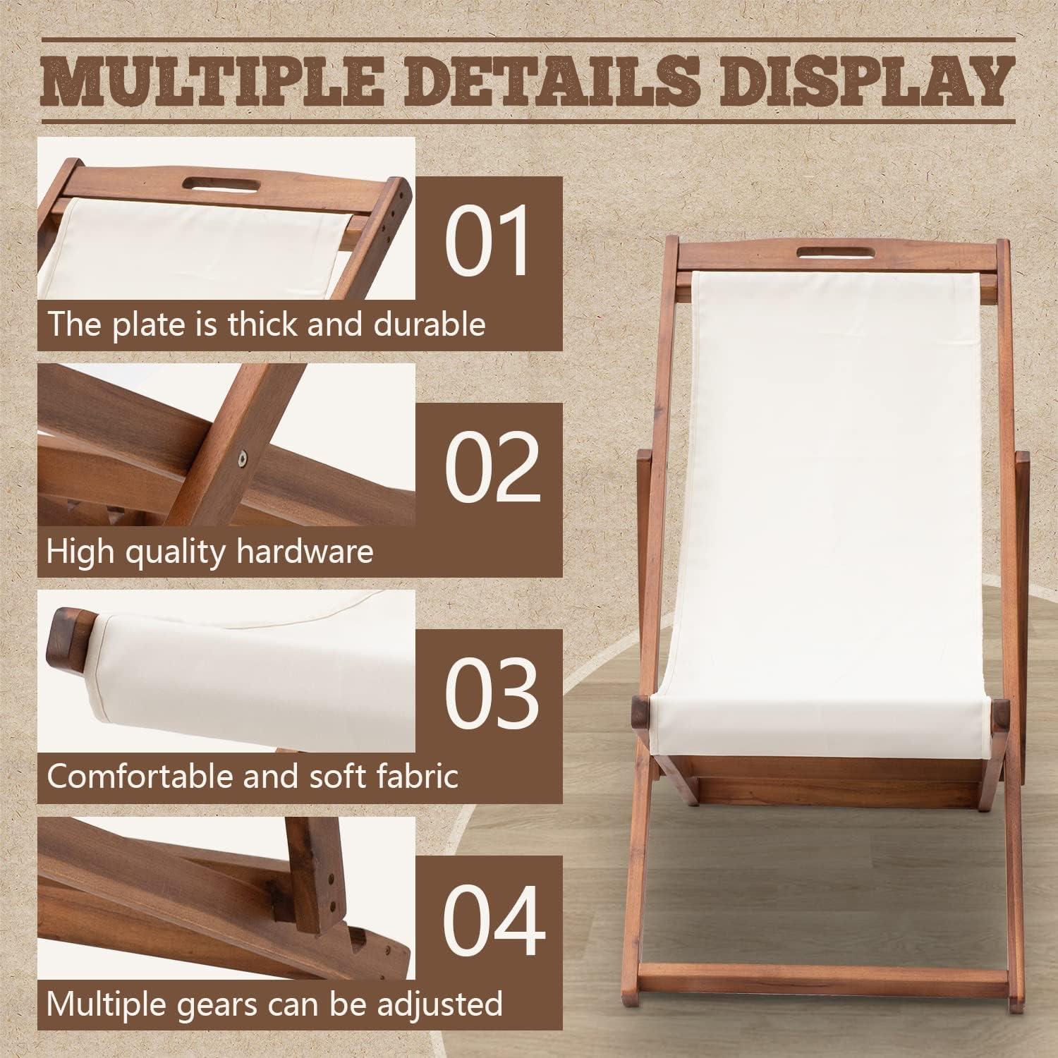 FDW Beach Sling Patio Chair for Relaxing, Foldable with Adjustable Height Made from Eucalyptus Wood with White Polyester