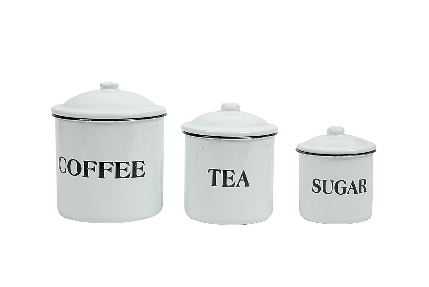 Storied Home Set of 3 'Coffee Tea Sugar' Metal Containers with Lid: Kitchen Canister Set for Coffee & Tea Storage