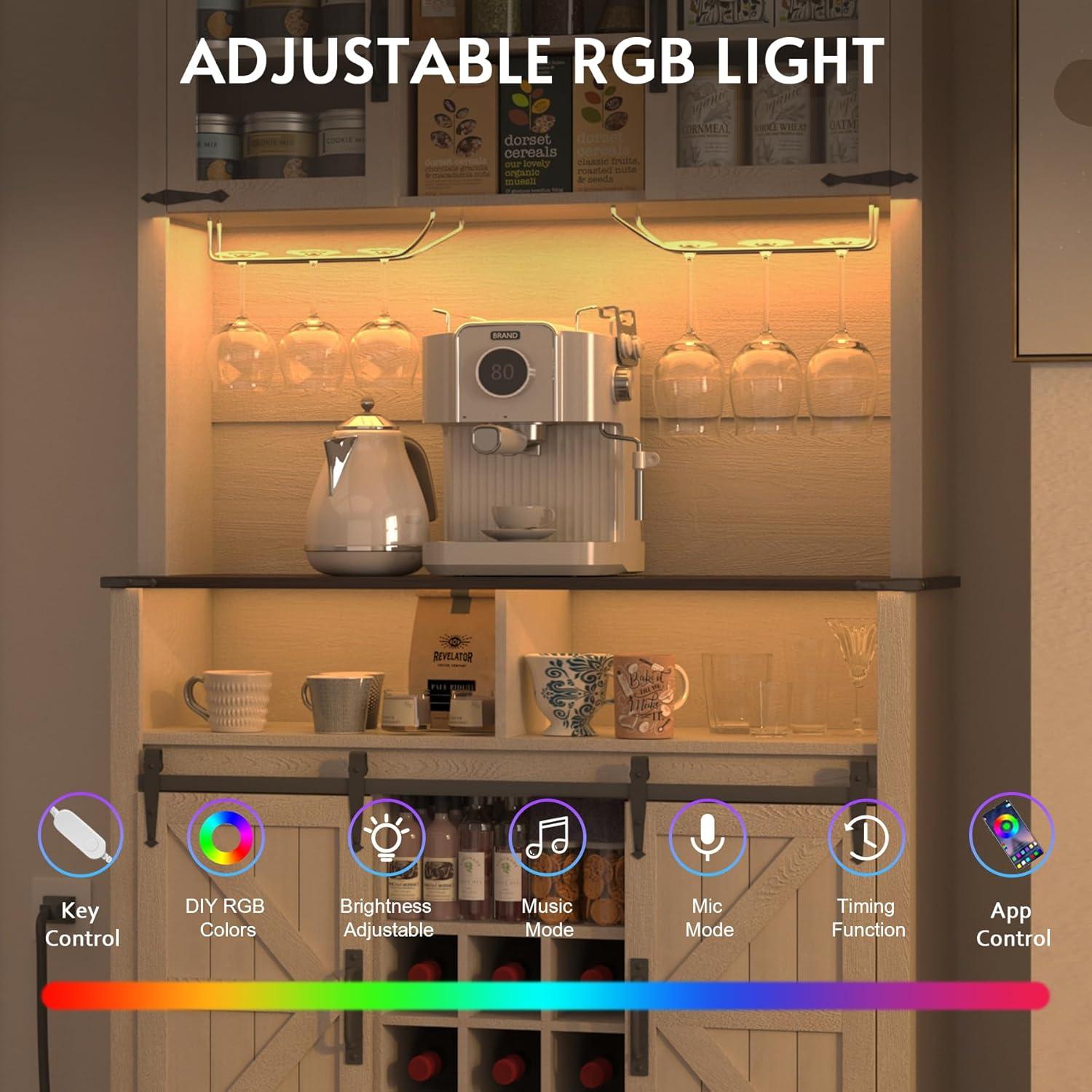 Gracie Oaks Coffee Bar Cabinet with Sliding Barn Door, Buffet Cabinet with Hutch, Kitchen Pantry Cabinet with Power Outlet & Lighting, Tall Liquor Chest for Home Dining Room, White