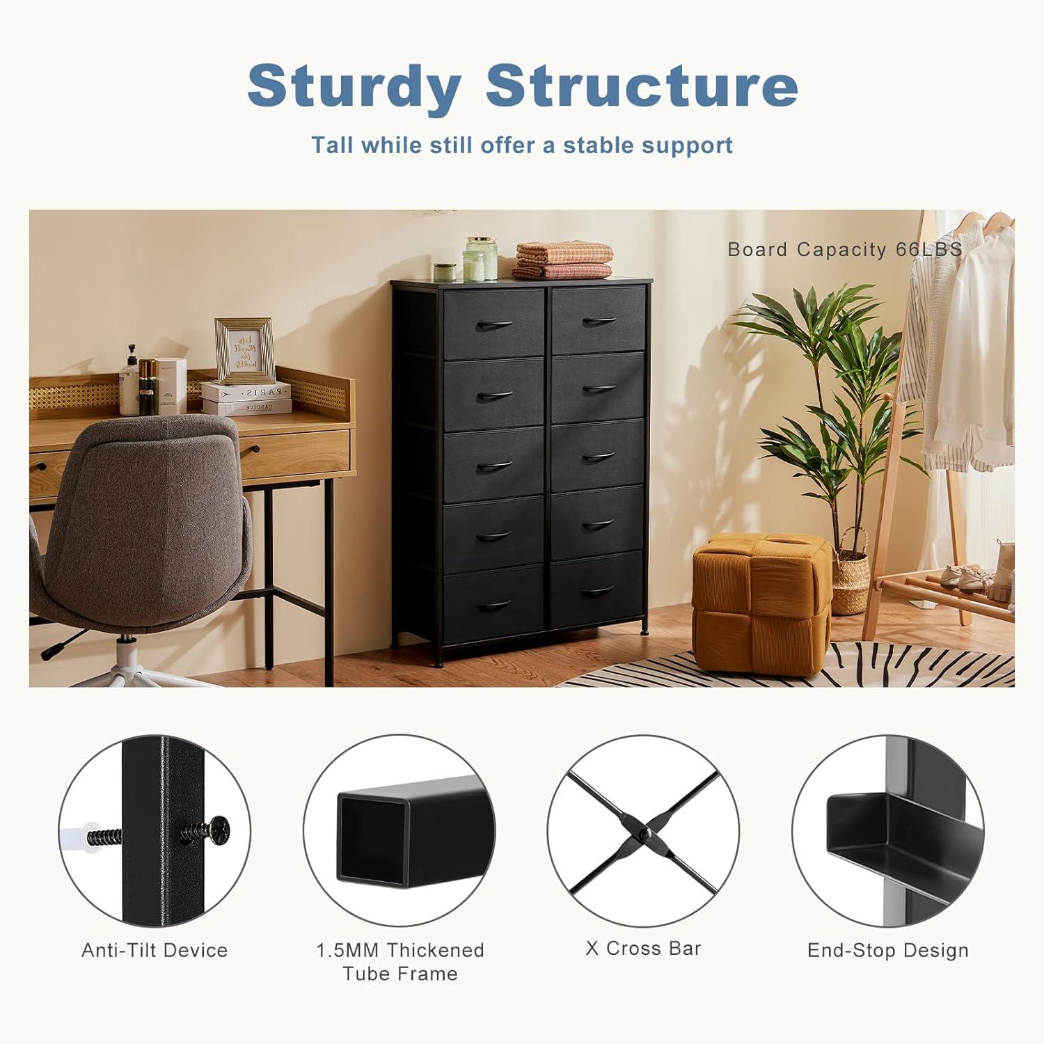 Modern 10-Drawer Fabric Storage Dresser - Tall Chest of Drawers with Steel Frame, Wooden Top, for Bedroom, Closet, Entryway, Black