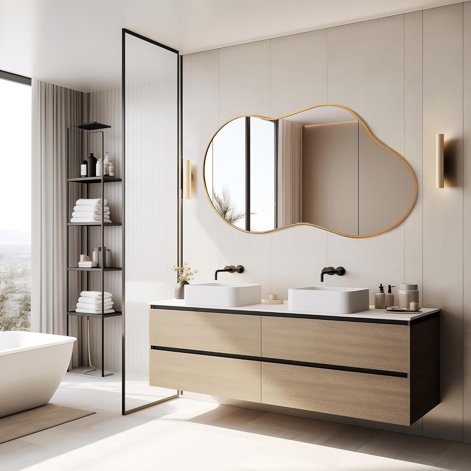 36 in. W. x 24 in. H Irregular Gold Aluminum Alloy Framed Wall Mirror Asymmetrical Wall Mirror