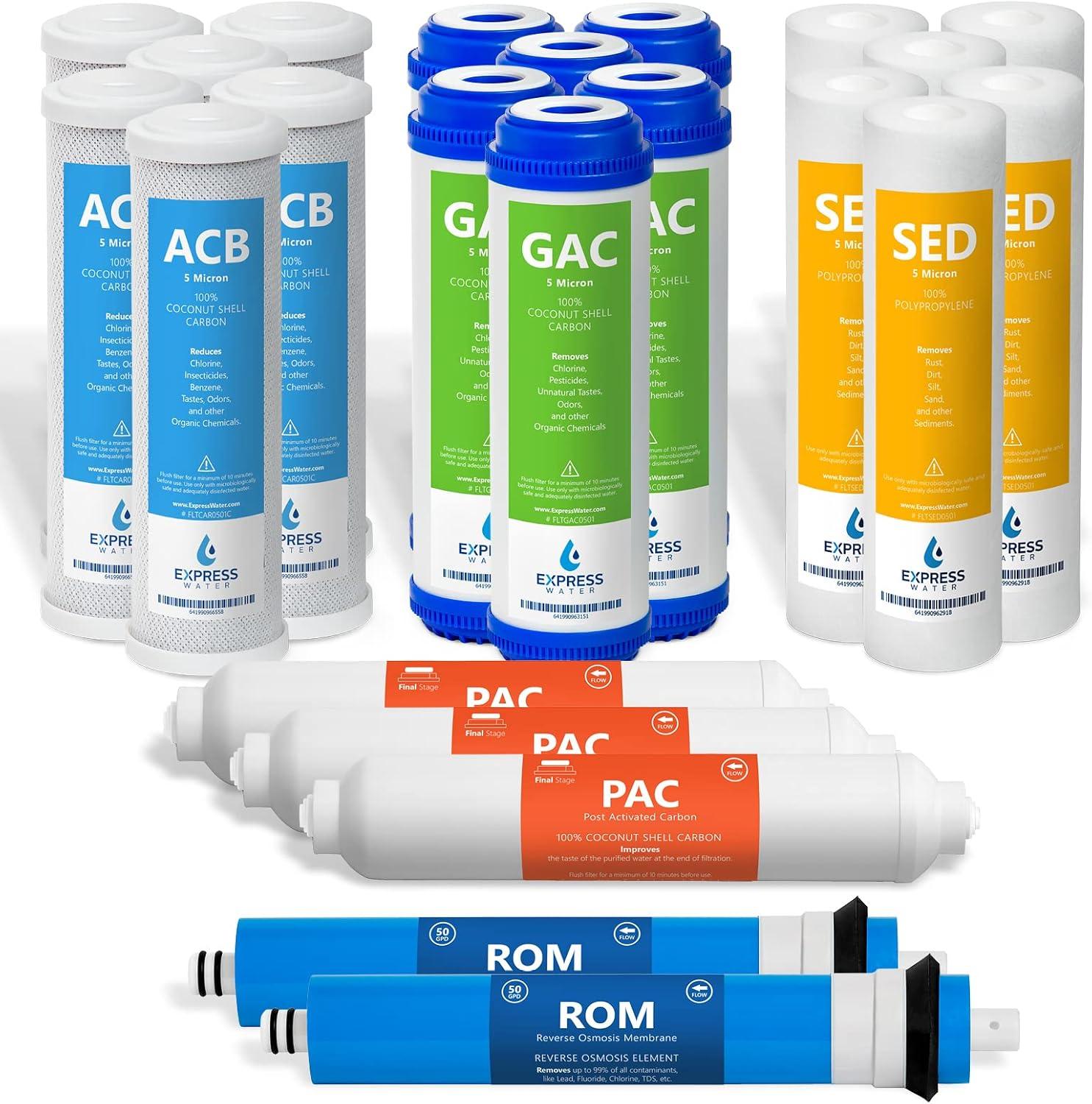 Express Water – 3 Year Reverse Osmosis System Replacement Filter Set – 23 Filters with 50 GPD RO Membrane, Carbon GAC, ACB, PAC Filters, Sediment SED Filters – 10 inch Size Water Filters
