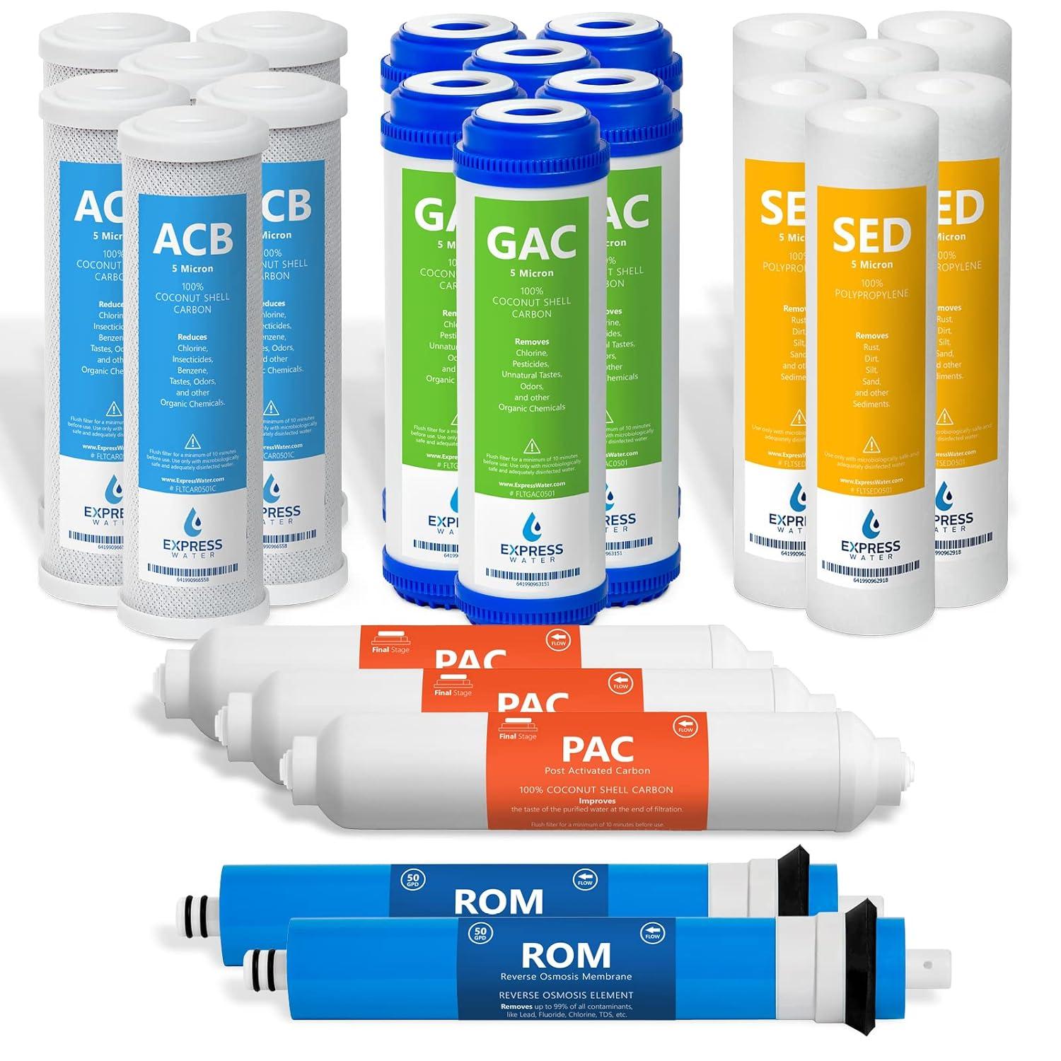 Express Water – 3 Year Reverse Osmosis System Replacement Filter Set – 23 Filters with 50 GPD RO Membrane, Carbon GAC, ACB, PAC Filters, Sediment SED Filters – 10 inch Size Water Filters