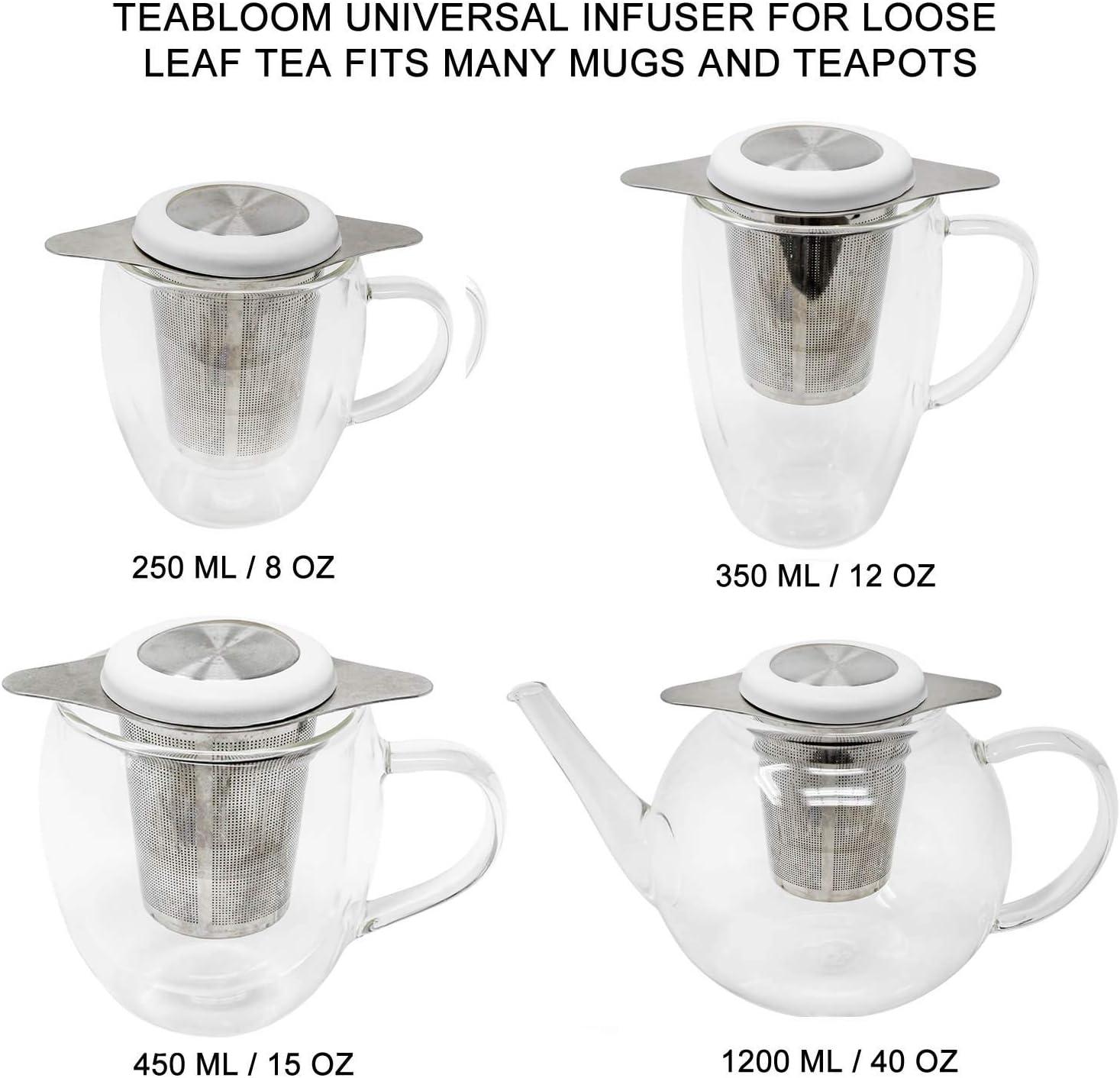 Teabloom Universal Tea Infuser with Coaster Lid – Fits Standard Teapots, Cups, Mugs – Food Grade 18/8 Stainless Steel – Large Capacity with Extra-Fine Mesh