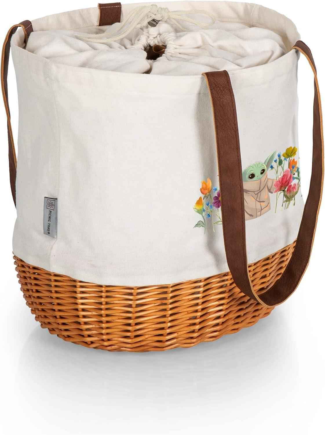Picnic Time Mandalorian The Child with Flowers Coronado Canvas and Willow Basket Tote with Beige Canvas: Wicker Picnic Set