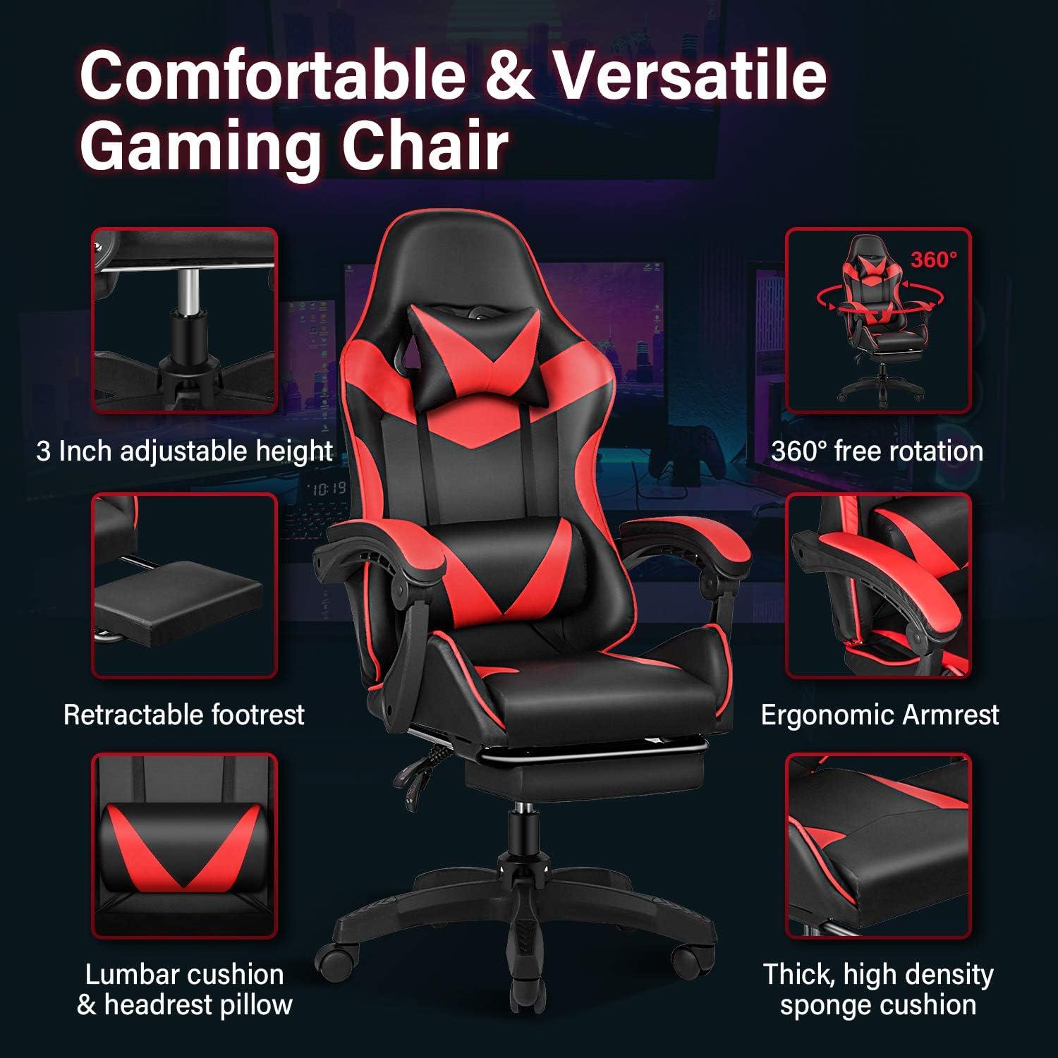 Black and Red Ergonomic Gaming Chair with Footrest