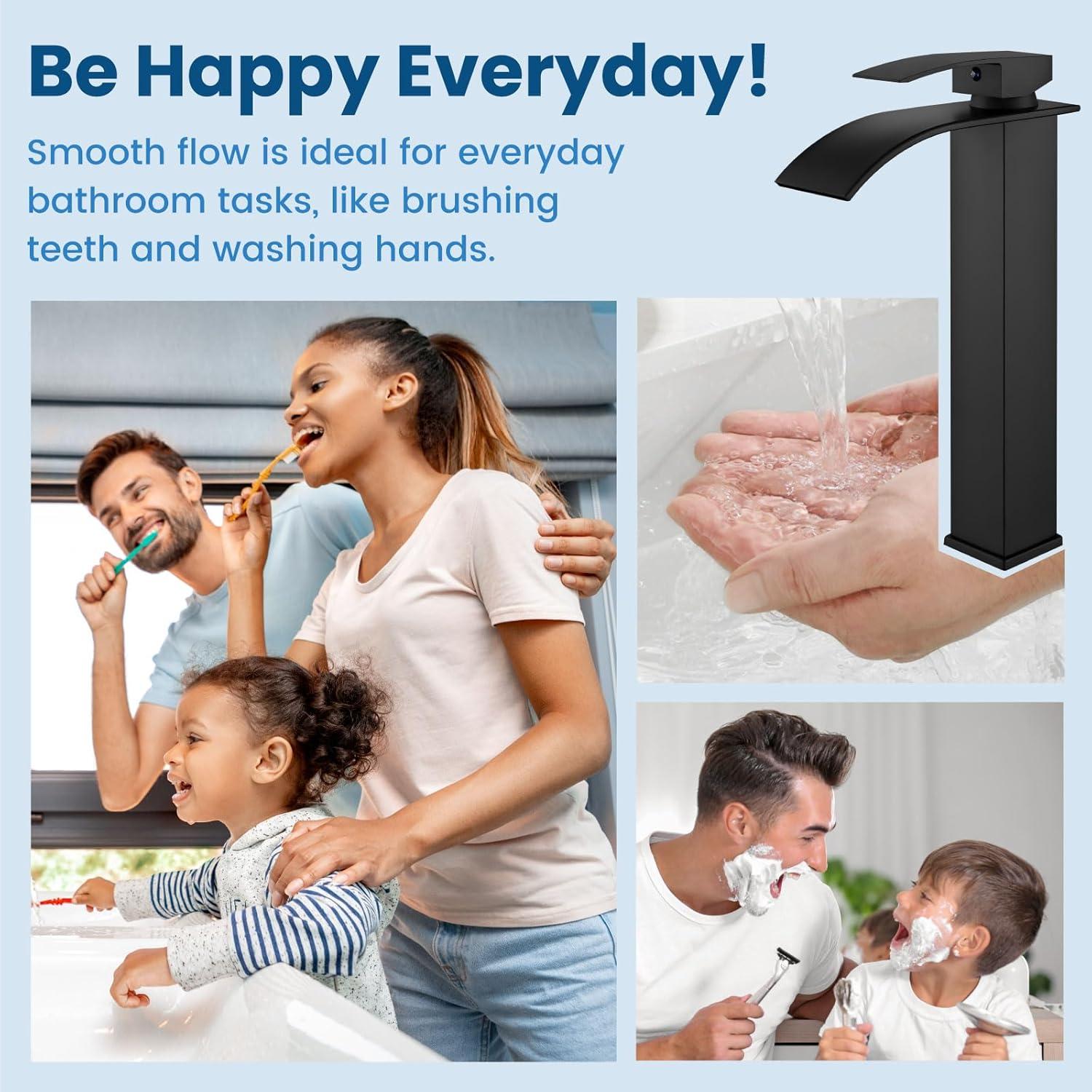 Waterfall Bathroom Faucet Single Handle，Bathroom Sink Faucet 1 Hole，Waterfall Faucet for Bathroom Sink，Vessel Sink Faucet Matte Black Tall Bathroom Faucet