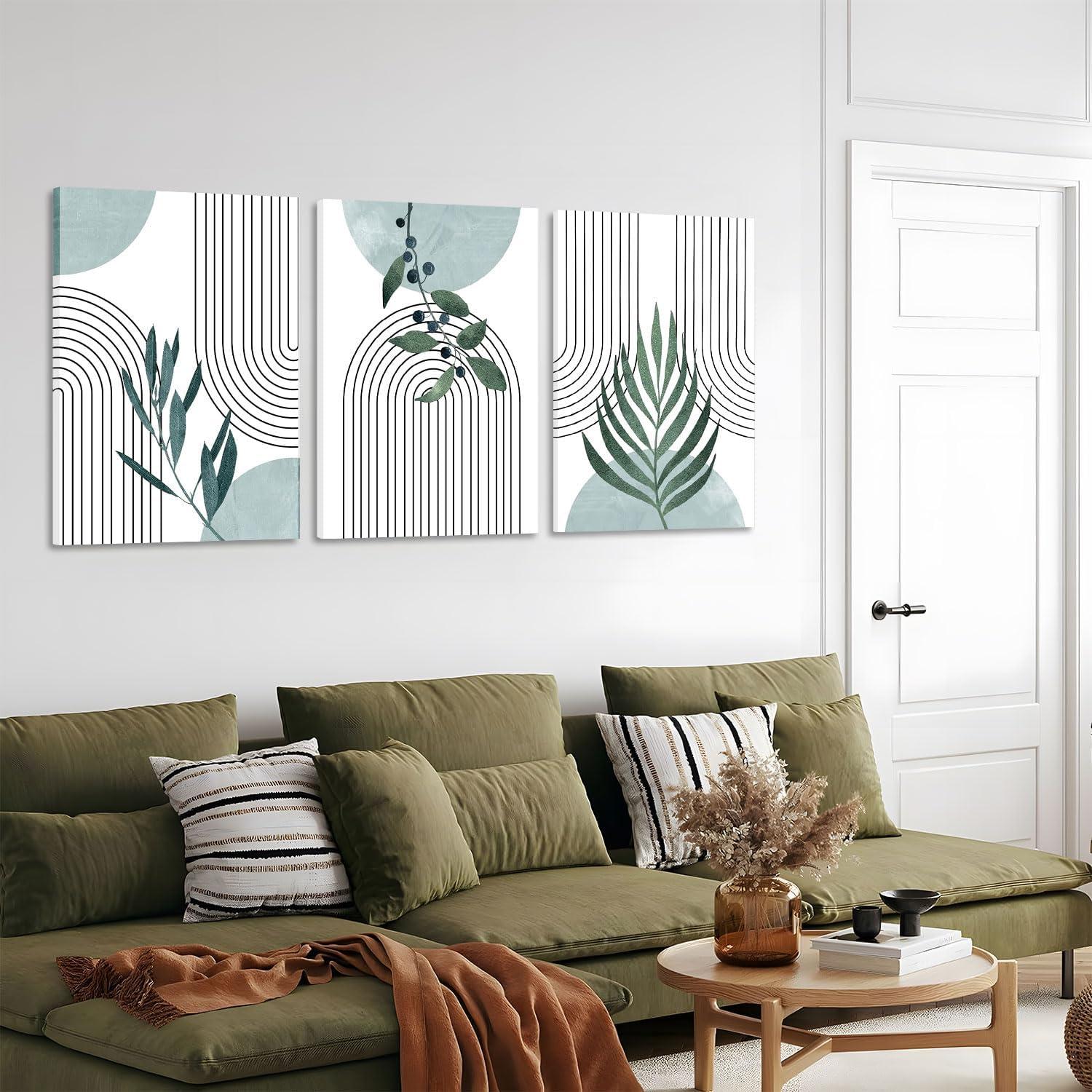 Minimalist Boho Wall Art Set of 3, MidCentury Modern Wall Art, Framed Canvas Wall Art Yellow Green Beige Moon Botanical Geometric Neutral Abstract Artwork Prints, Boho Room Wall Decor Ready To Hang