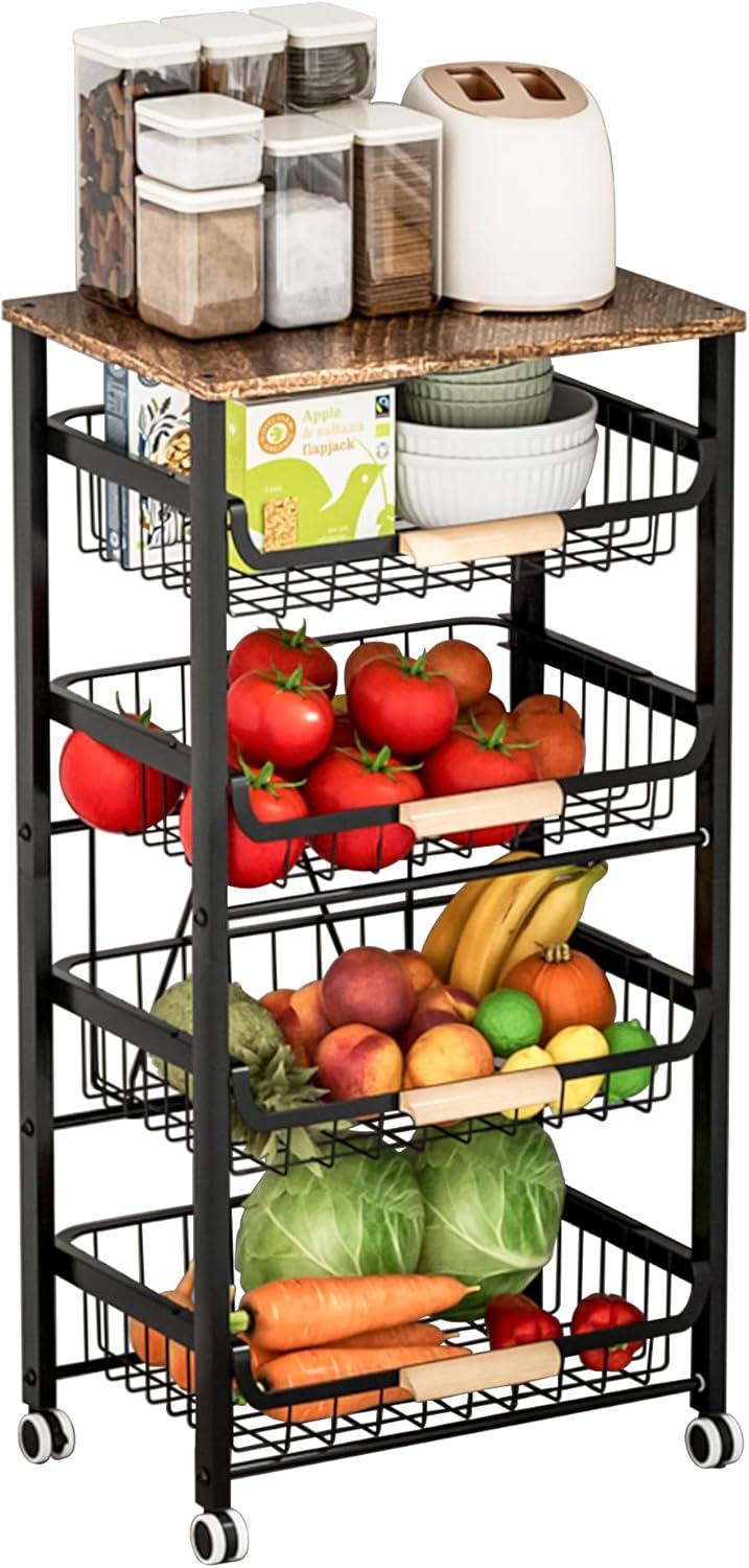 Fruit Basket for Kitchen, 5 Tier Large Wire Basket with Wood Top and Wheels, Kitchen Storage Cart for Fruit Vegetable Onions Potatoes Banana, Black