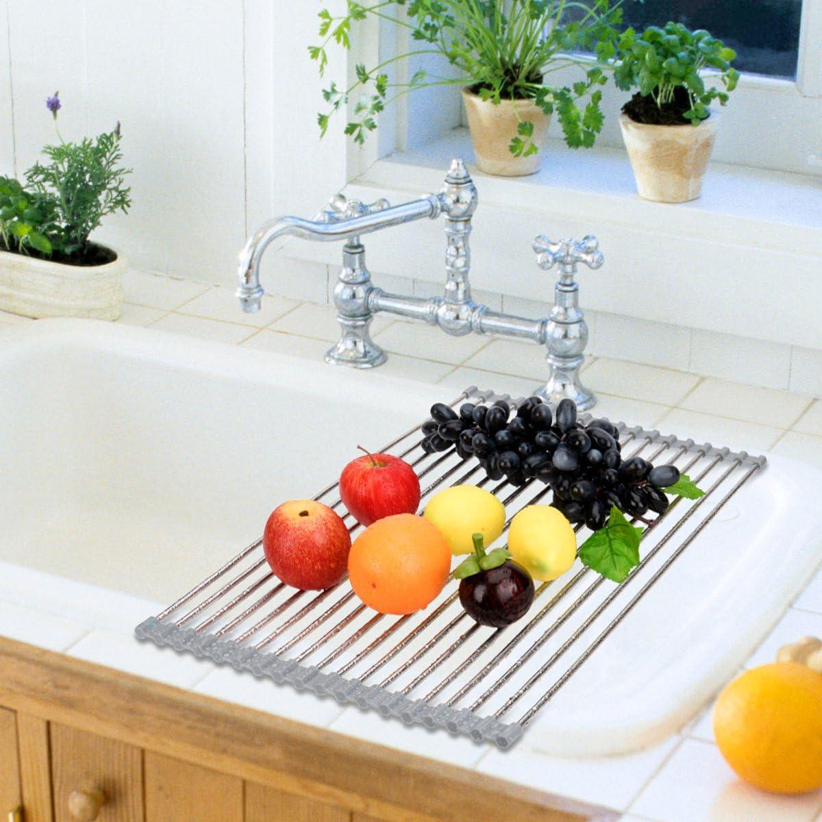 Roll-Up Sink Drying Rack 17.7"(L) x 13.8"(W) - Multipurpose Heat Resistant Over The Stainless Steel & Silicone Dish Rollable Kitchen Drainer, Gray