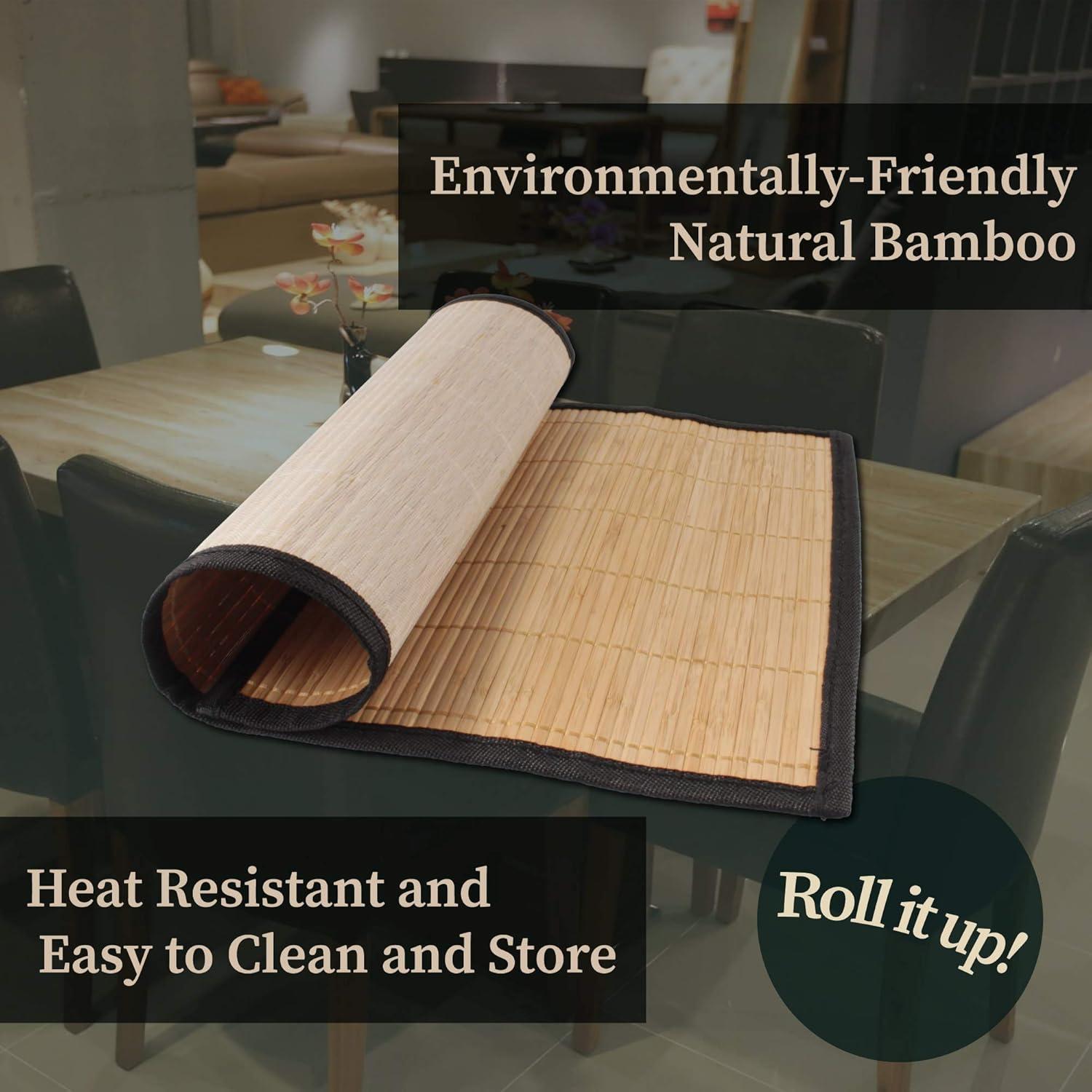 BambooMN Bamboo Slats Placemat with Fabric Border - Solid Color Print - 17.5" x 12" - Brown with Black Border, 4 pcs