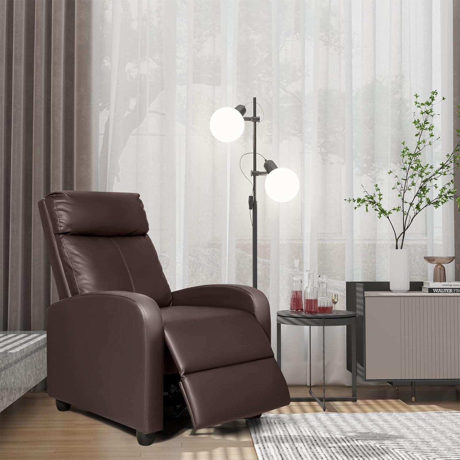 Recliner Chair Modern PU Leather Reclining Chair Ergonomic Adjustable Recliner for Living Room Home Theater Seating Single Sofa (Brown)