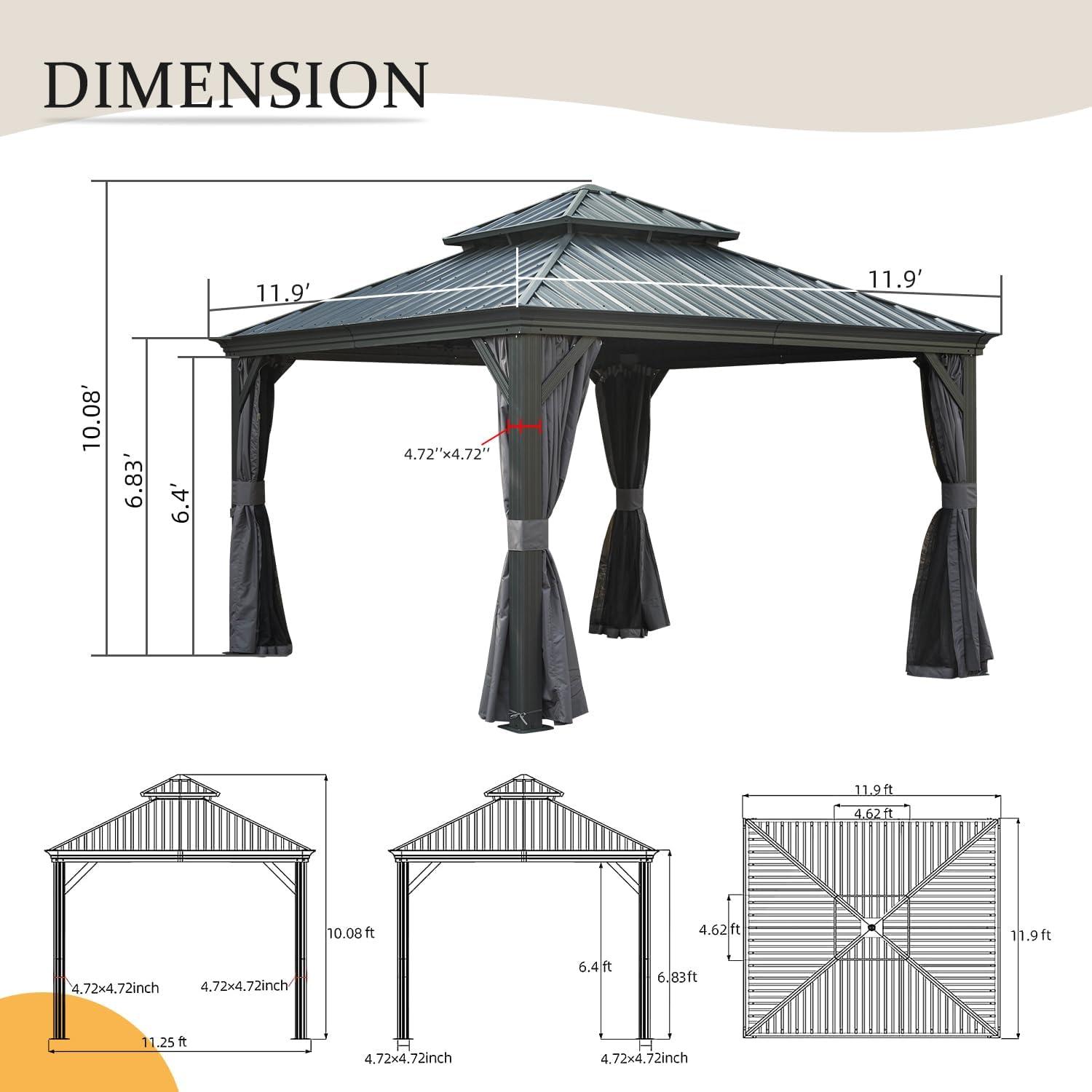 Domi Outdoor Living 12’ X 12’ Hardtop Gazebo Canopy with Netting & Curtains, Outdoor Aluminum Gazebo with Galvanized Steel Double Roof for Patio Lawn and Garden, Gray