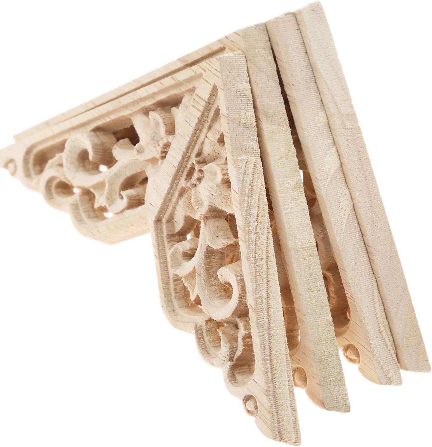 MUXSAM Wooden Decorative Appliques Onlays, 4-Pack Unpainted Wood Caravings Decals Inlays Overlays Corners Decor for Cabinet Dresser Cupboard Mirrors Walls Doors DIY Craft Project, 15x15cm/5.91"x5.91"