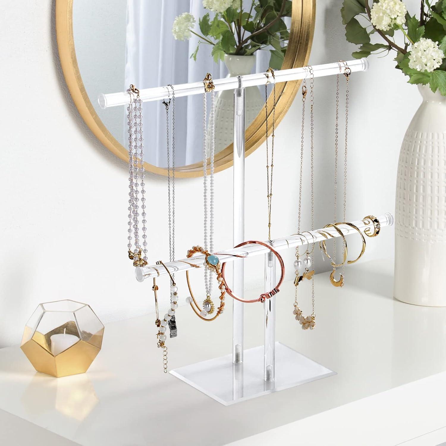 Premium Jewelry Stand , Solid Clear 2-Tier Acrylic Jewelry Organizer Stand & Bracelet holder Stand for Necklace Display, Ring & Watch Display