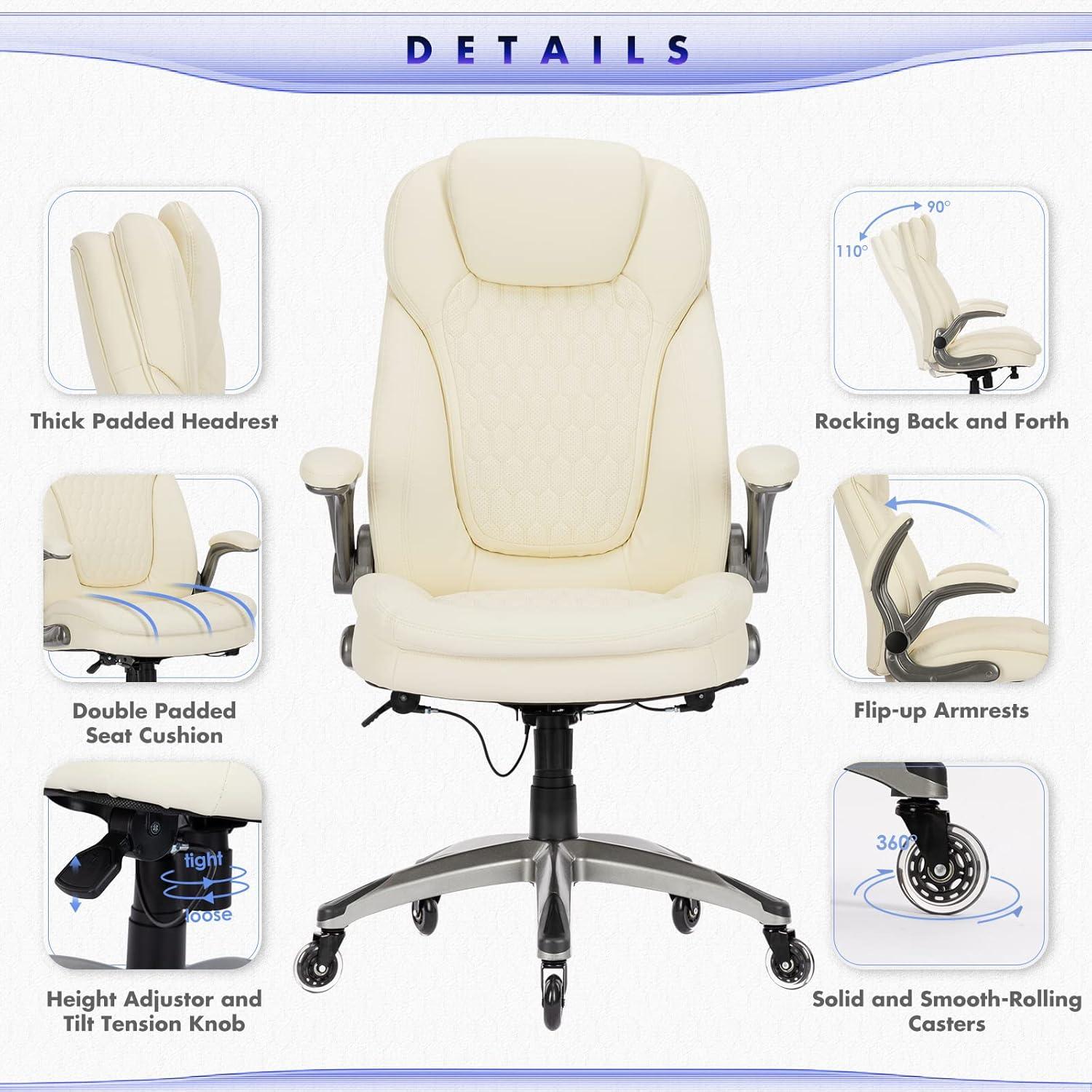 Executive Office Chair-Ergonomic Computer Desk Chair with Upgraded Caster for Swivel, High Back Office Chair with Padded Flip-up Arms, Stylish Leather Chair Thicken Seat for Comfort (Ivory, 300lbs)