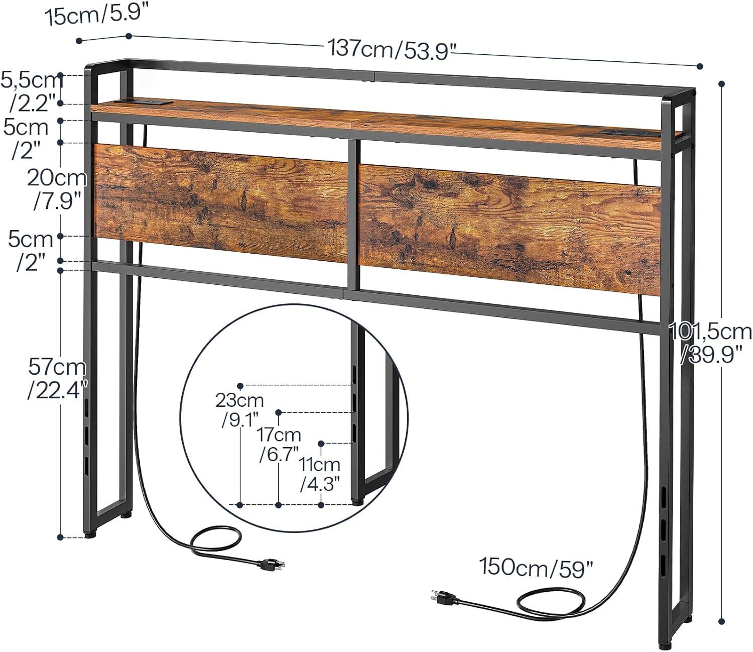 Full Size Headboard, Headboard with 2 Outlets, LED Lights and USB Ports, Adjustable Height, Storage Rack, Sturdy and Stable, Easy Assembly