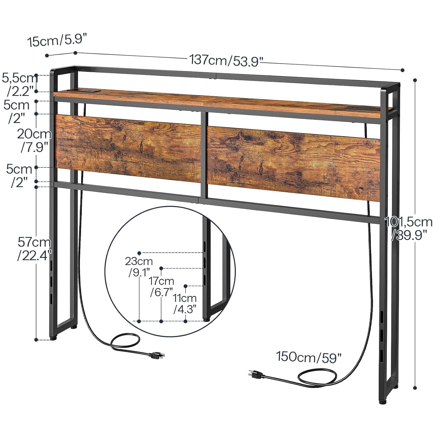 Full Size Headboard, Headboard with 2 Outlets, LED Lights and USB Ports, Adjustable Height, Storage Rack, Sturdy and Stable, Easy Assembly