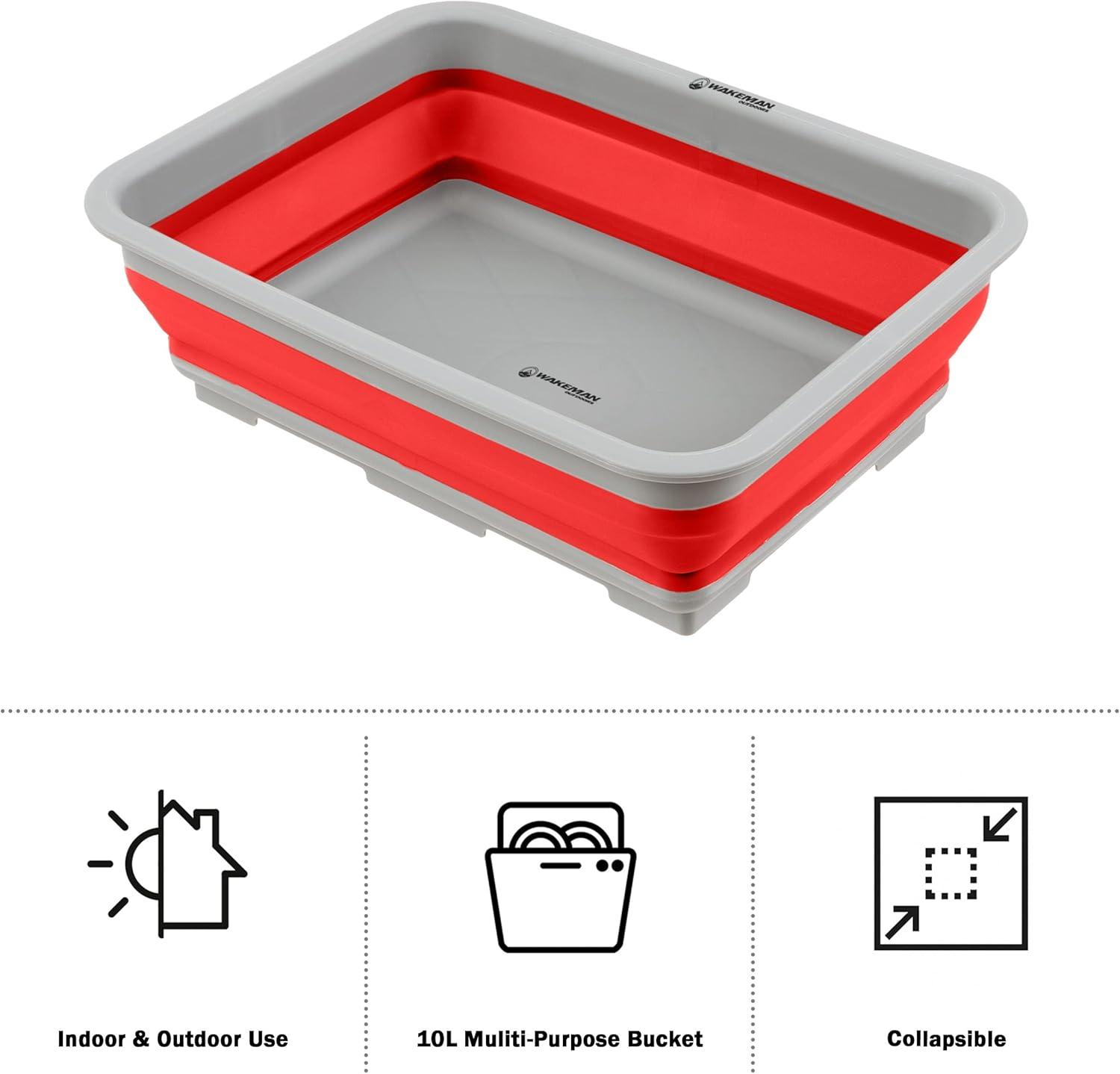 Collapsible Multiuse Wash Bin - Portable Wash Basin/Dish Tub/Ice Bucket with 10 L Capacity for Camping, Tailgating, More by Wakeman Outdoors (Red)