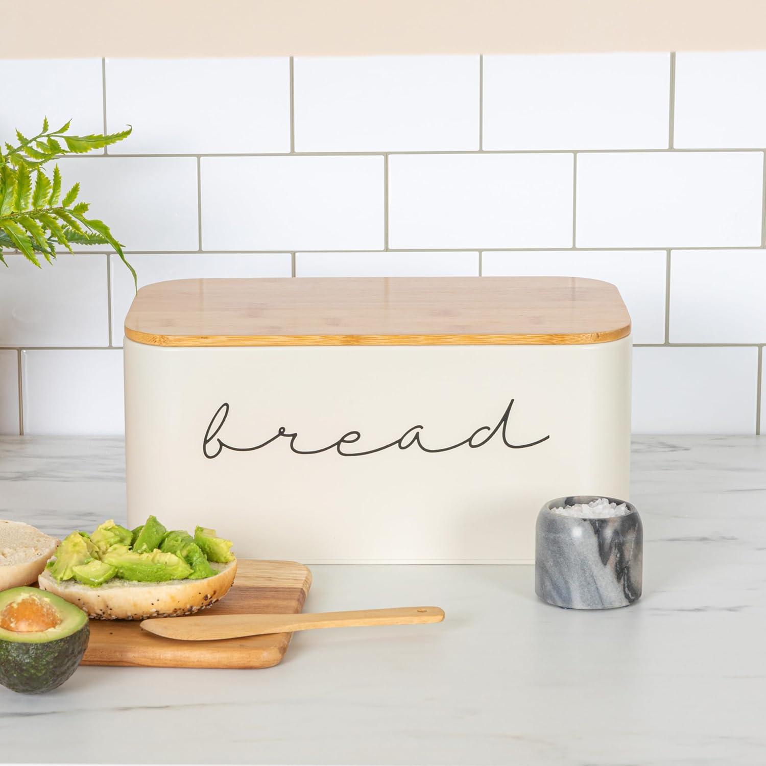Storied Home Metal "bread" Bin with Bamboo Lid, Cream
