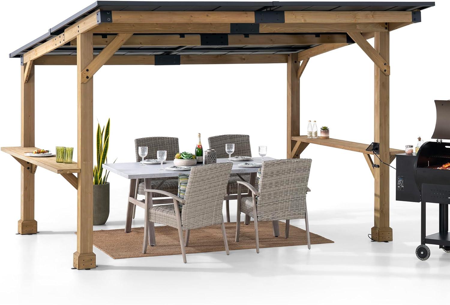 Sunjoy 10’ x 12’ Gazebo Outdoor/Patio with Wooden Frame, Steel Roof, Power Port and Bar Shelves