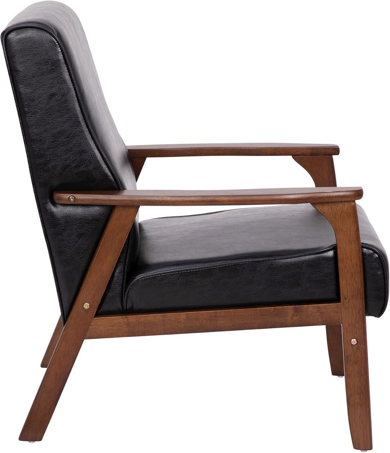 Mid-Century Modern Black Leather Accent Chair with Walnut Wood Frame