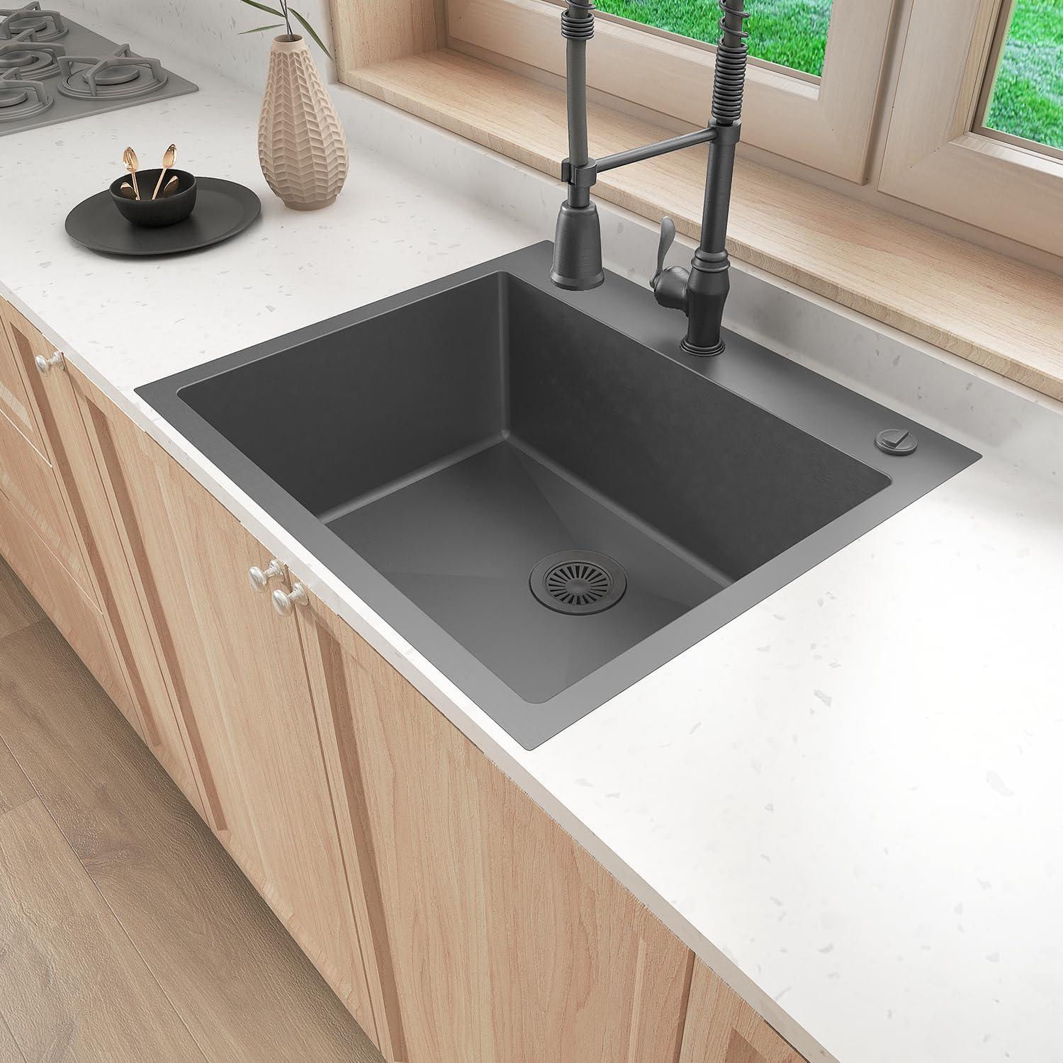 Sinber 25" x 22" Drop In Single Bowl Kitchen Sink with 18 Gauge 304 Stainless Steel Satin Finish