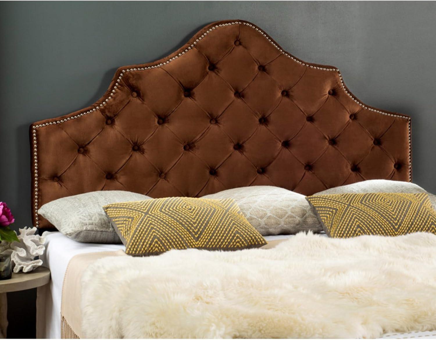 SAFAVIEH Arebelle Rustic Glam Tufted Headboard with Nail Heads, King, Chocolate
