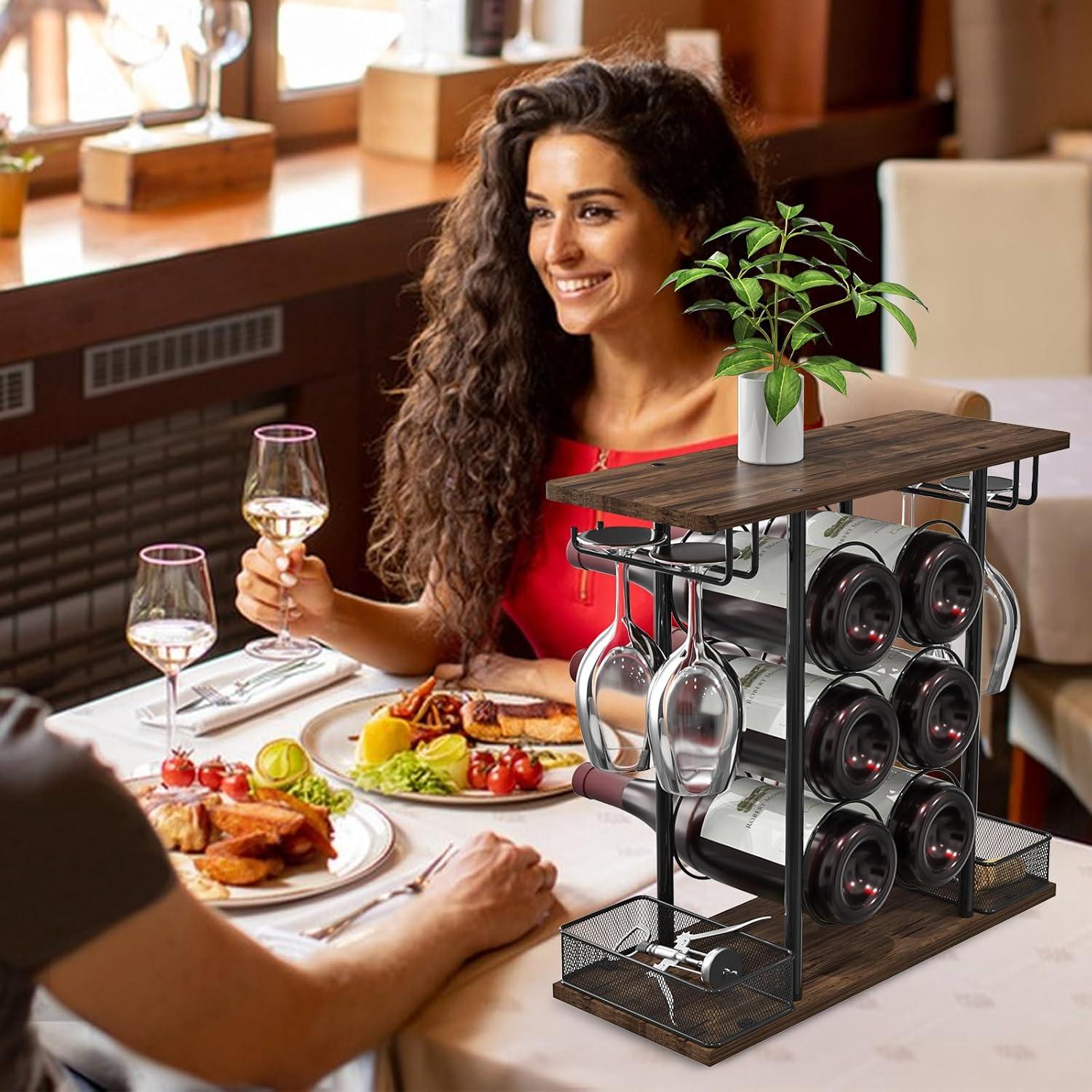 3-Tier Dark Brown Wood and Black Metal Wine Rack