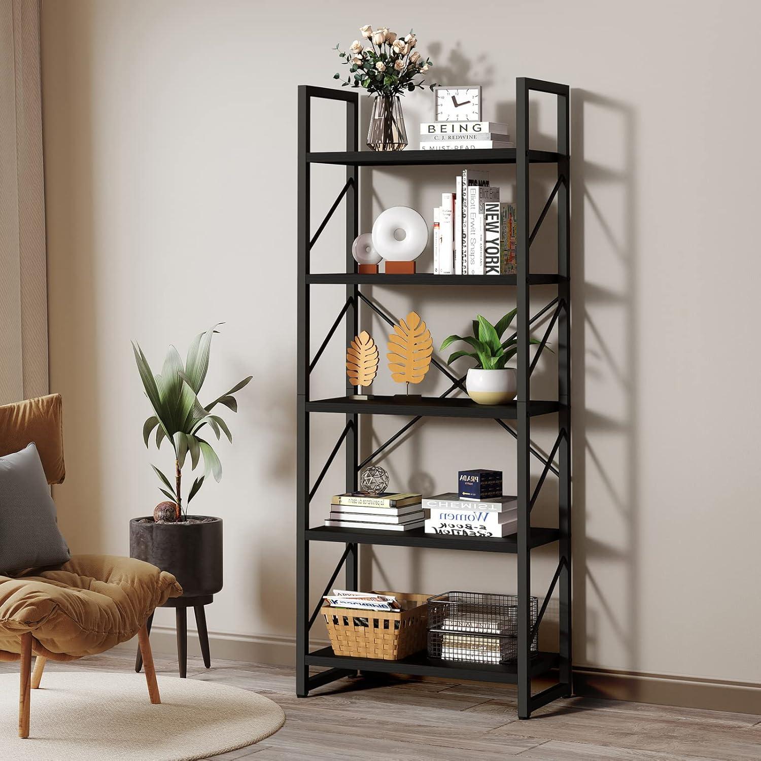 Black Metal and Particle Board 5-Tier Bookshelf