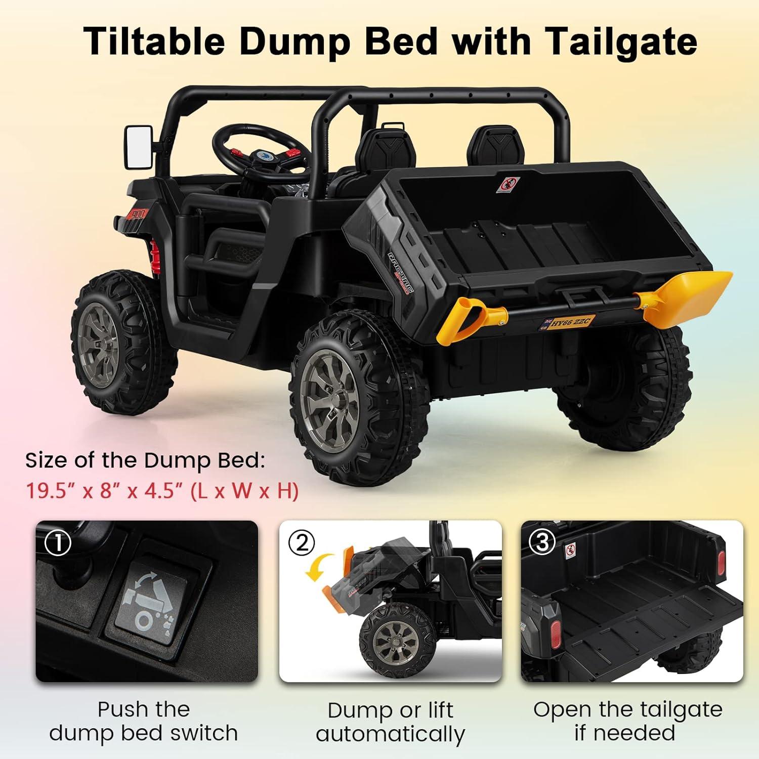 JOYRACER 24V 2 Seater Ride On Dump Truck with Remote Control , Electric UTV Car with Electric Dump Bed, 4WD Power Ride Cars W/6 Wheels Ride On Toys with Shovel Music Player
