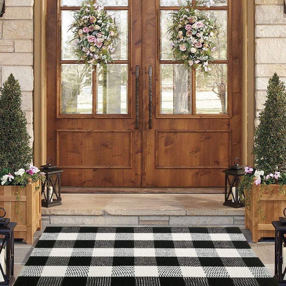 SANMADROLA Buffalo Plaid Check Black and White Cotton Doormat, 27.5'' x 43''
