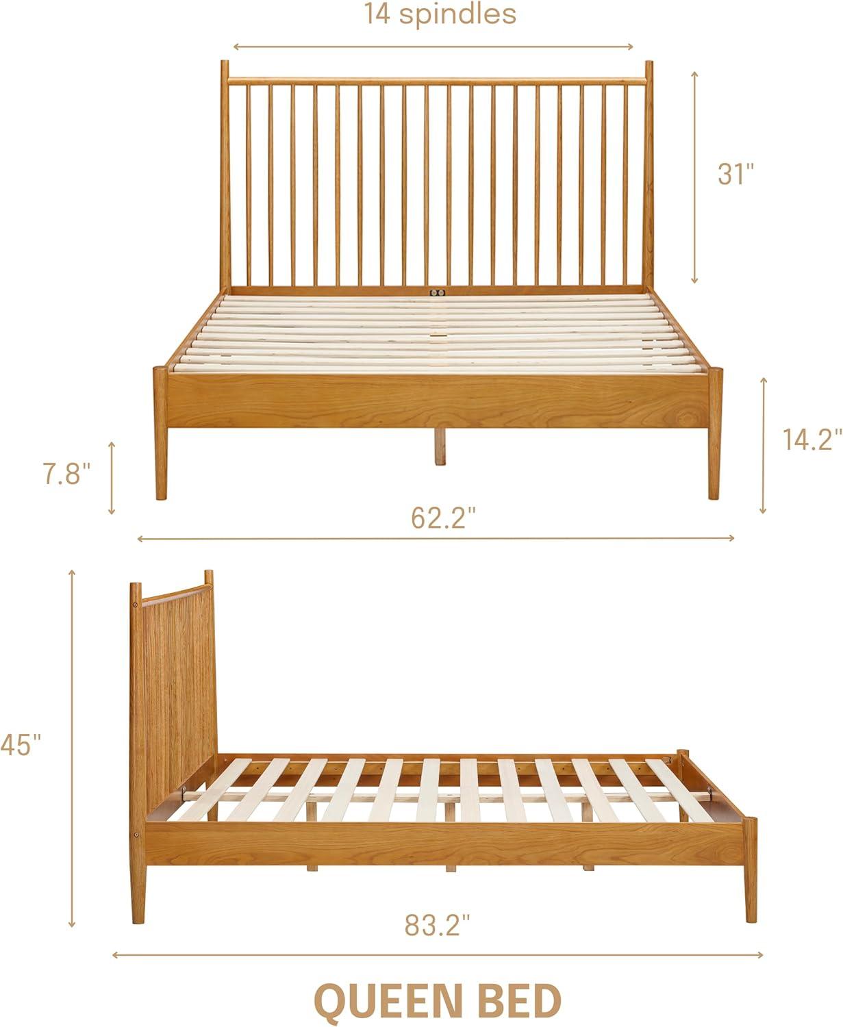 NTC Inno Solid Wood Bed Frame with Spindle Headboard and Silent Slats, 1000 lb Capacity