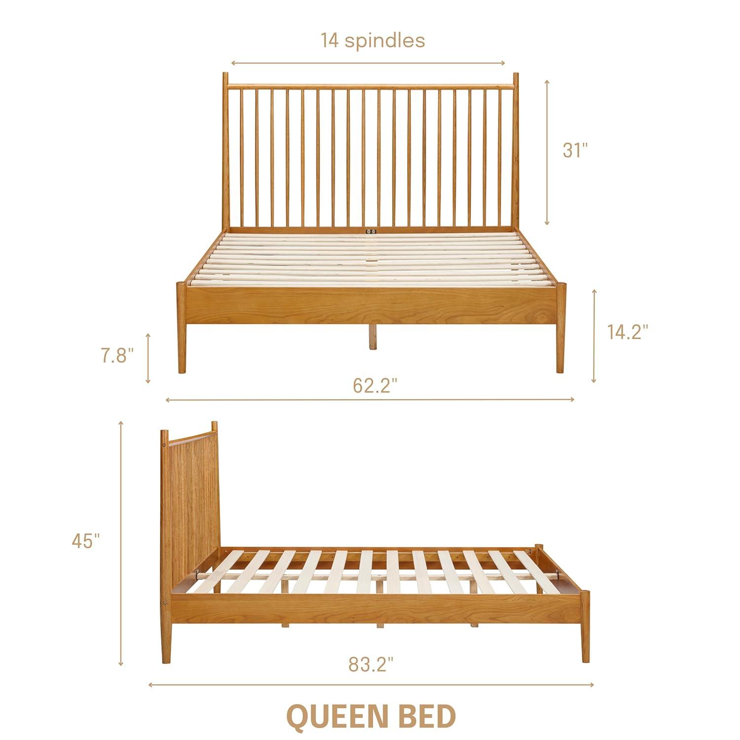 NTC Inno Solid Wood Bed Frame with Spindle Headboard and Silent Slats, 1000 lb Capacity