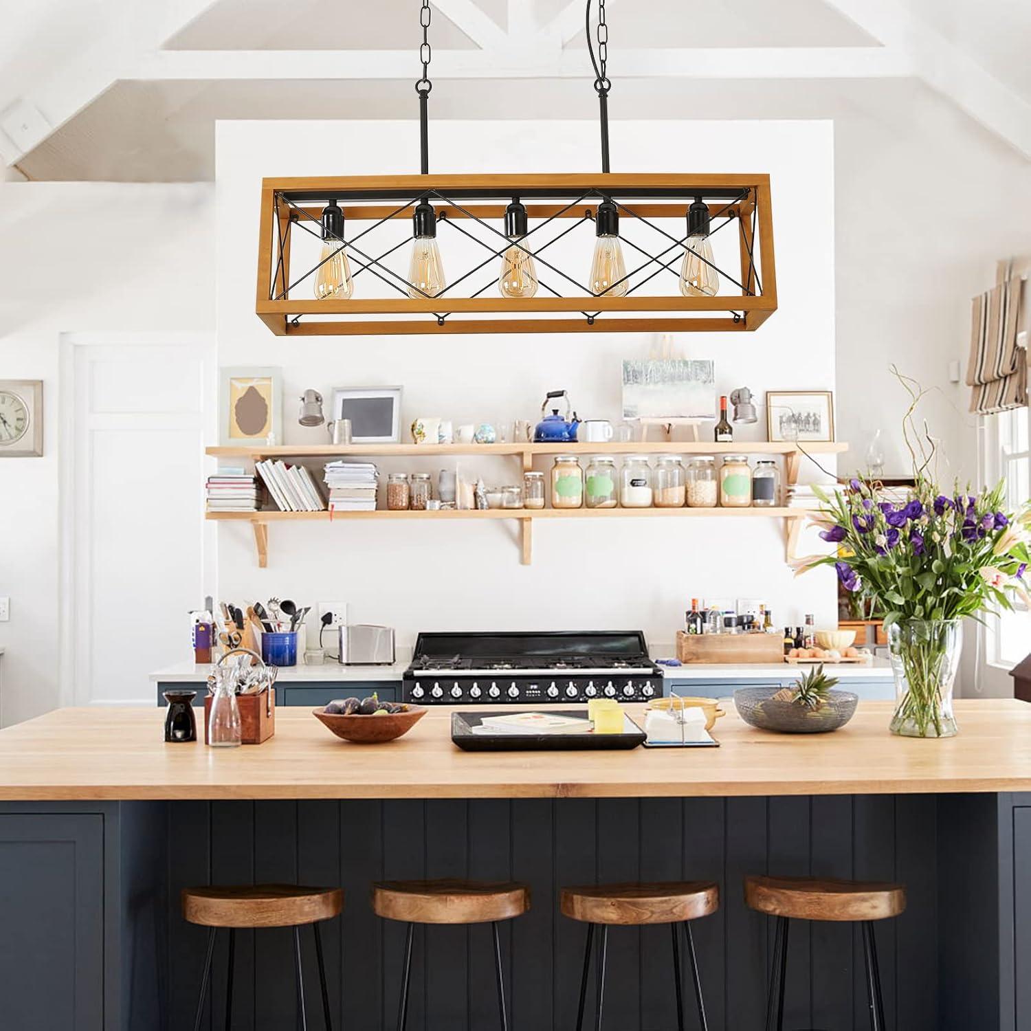 Rustic Kitchen Light Fixtures, Farmhouse Chandelier with Detachable Plug in Cord for Dining Room, Pool Table, Wood Linear Rectangular Pendant Light Fixtures Ceiling Hanging Black