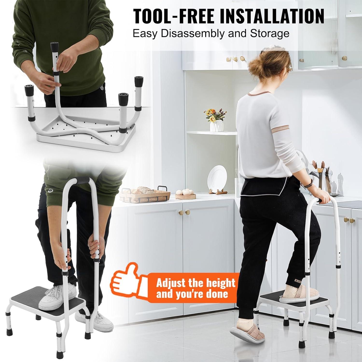 HCY Step Stool 1-Step 330lbs Capacity, 3 Adjustable Height with Handle Steel Step Ladder, Portable Toddler Step Stools for Adults, Non-Slip Sturdy Step Ladders for Office, RVs, Pets