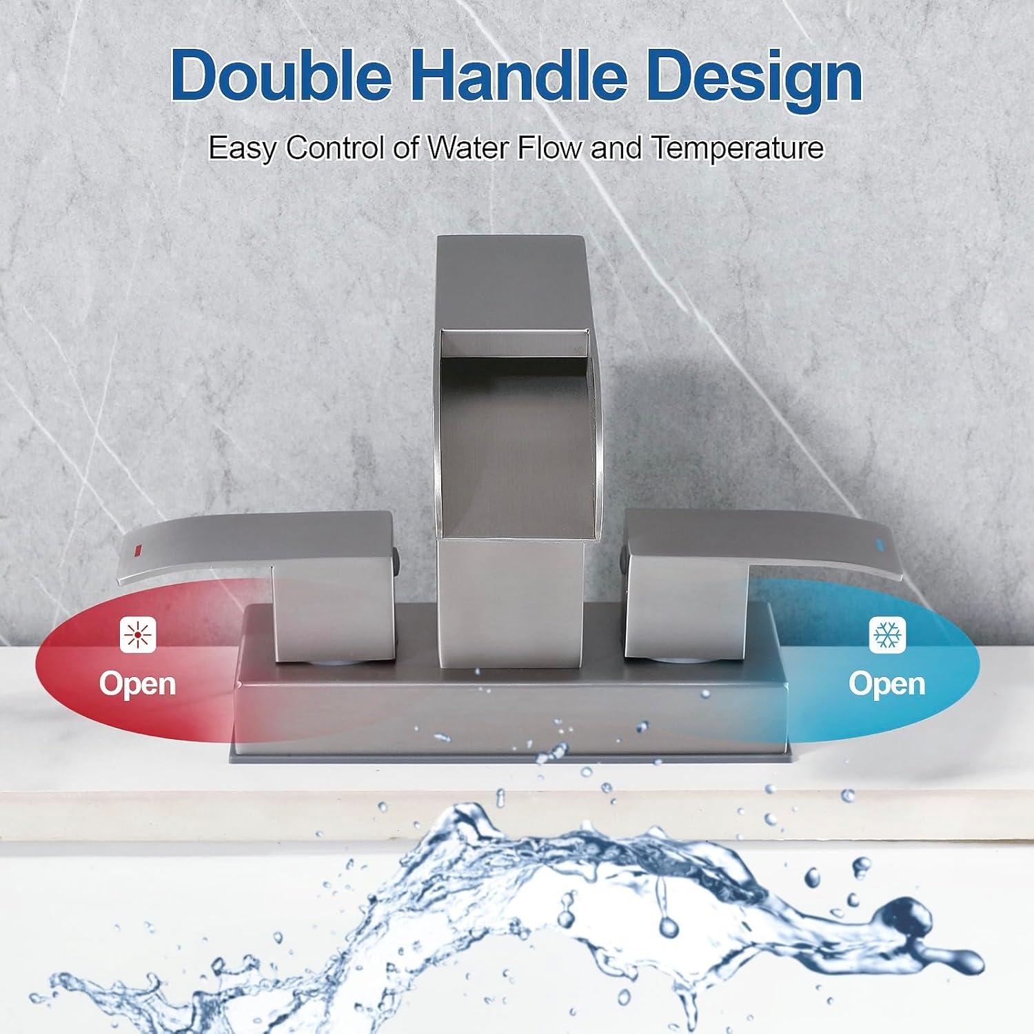 Brushed Nickel Double Handle Waterfall Bathroom Faucet with Pop-Up Drain