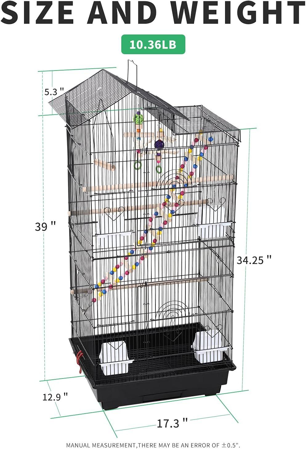 39 Inches Bird Cage Roof Top Large Flight Parrot Bird Cage with Toys for Medium Small Birds, Lovebirds, Finch, Cockatiel Parakeets, Parrot, Iron Bird Cage, Black, 17x14x39 Inch (Pack of 1)