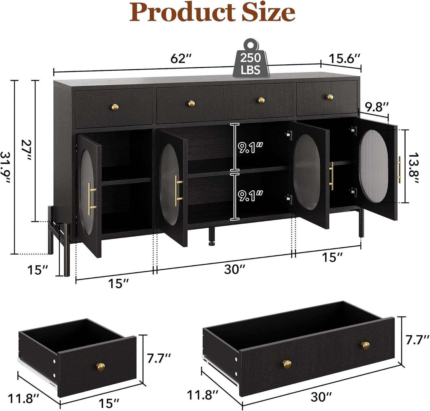 62" Large Sideboard Buffet Cabinet with Storage and 3 Drawers, Buffet Table Coffee Bar Storage Cabinet with 4 Glass Doors