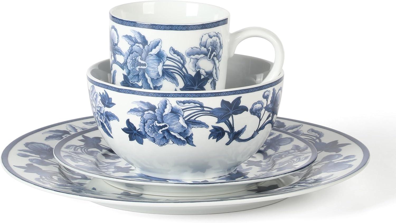 Vintage Blue Floral Porcelain 16-Piece Dinnerware Set