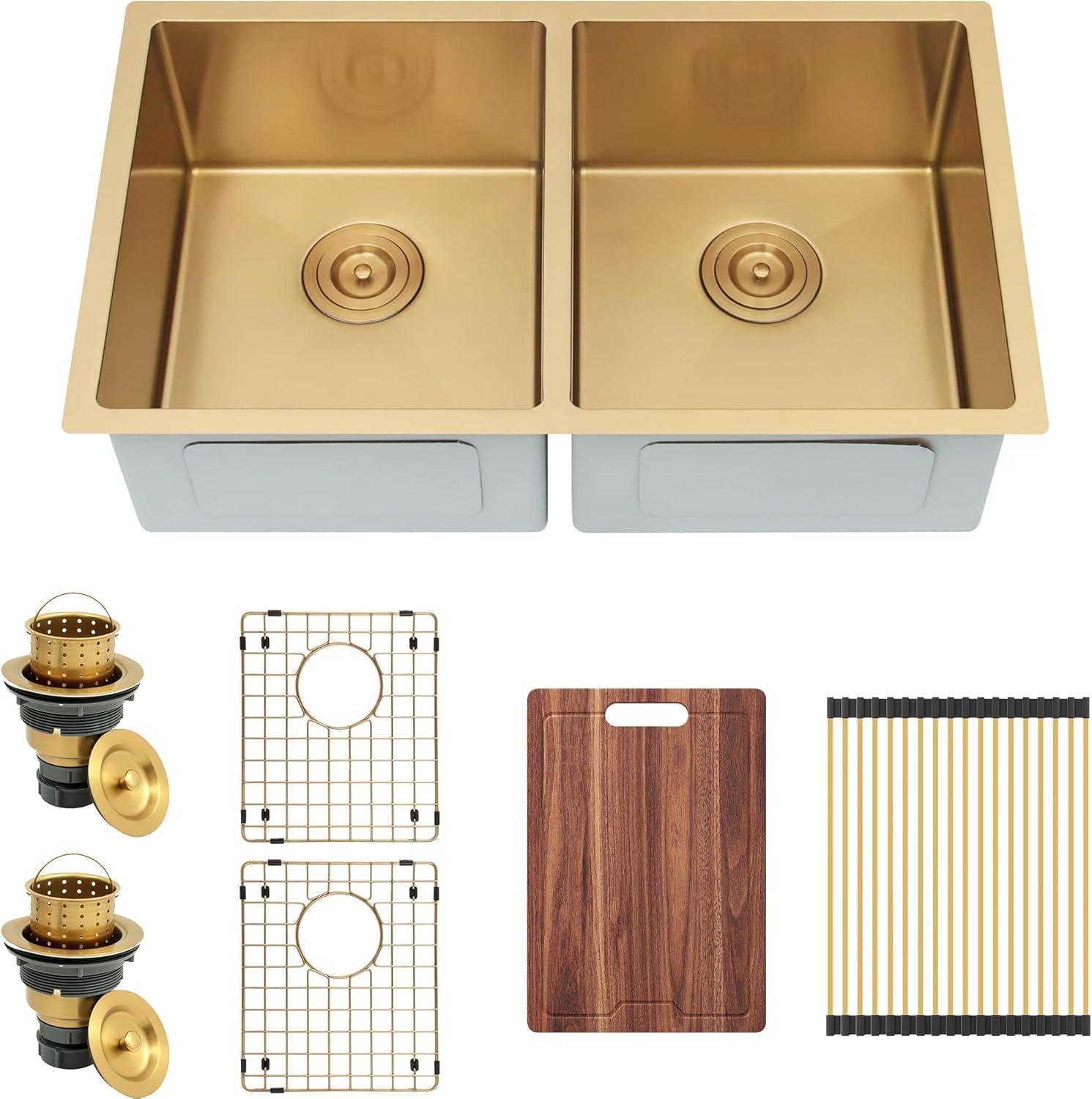 Blenzia 32 Inch Gold Double Bowl Kitchen Sink Undermount 50/50 Stainless Steel 16 Gauge Sinks 32" X 18" X 10"