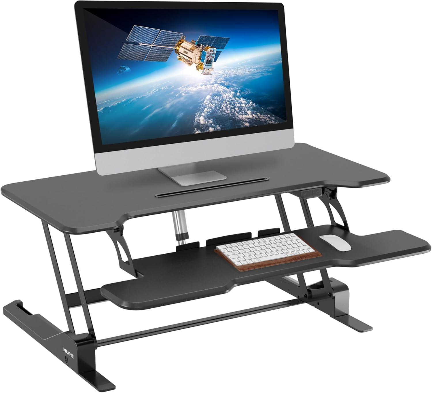 Mount-It! Electric Adjustable Stand Up Desk Converter | 38 in. Wide Tabletop Motorized Standing Desk Riser w/ Keyboard Tray Fits Monitors | Black