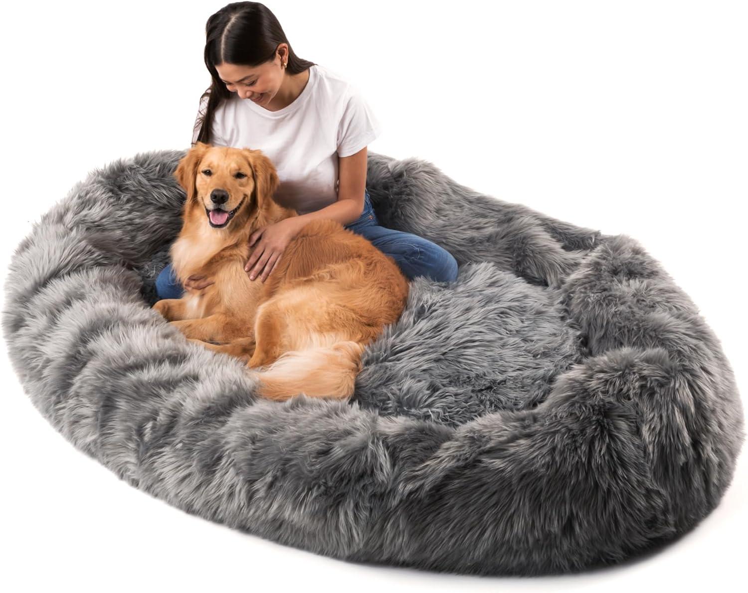 PAW BRANDS PupCloud Human-Size Faux Fur Memory Foam Dog Bed (Charcoal Grey)