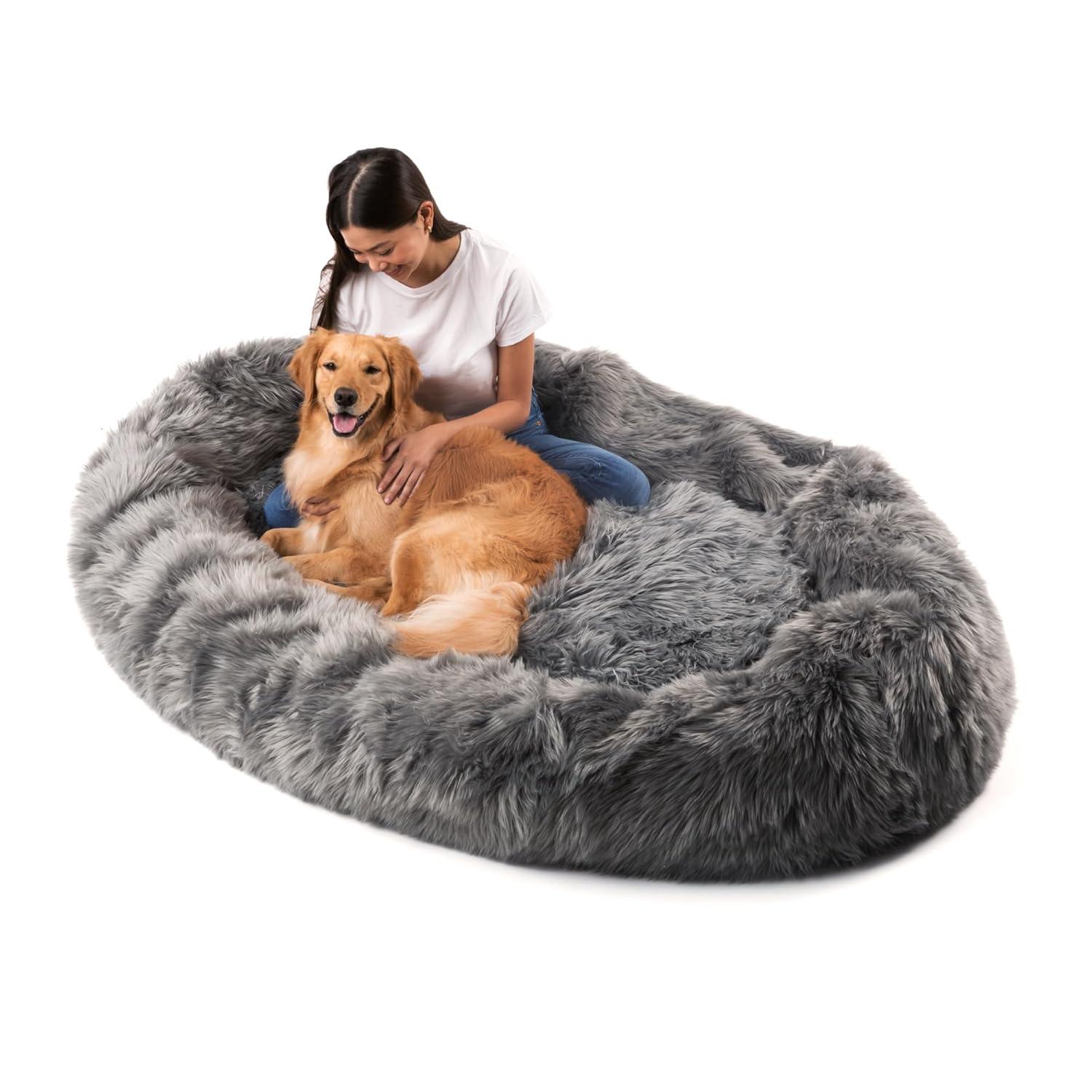 PAW BRANDS PupCloud Human-Size Faux Fur Memory Foam Dog Bed (Charcoal Grey)