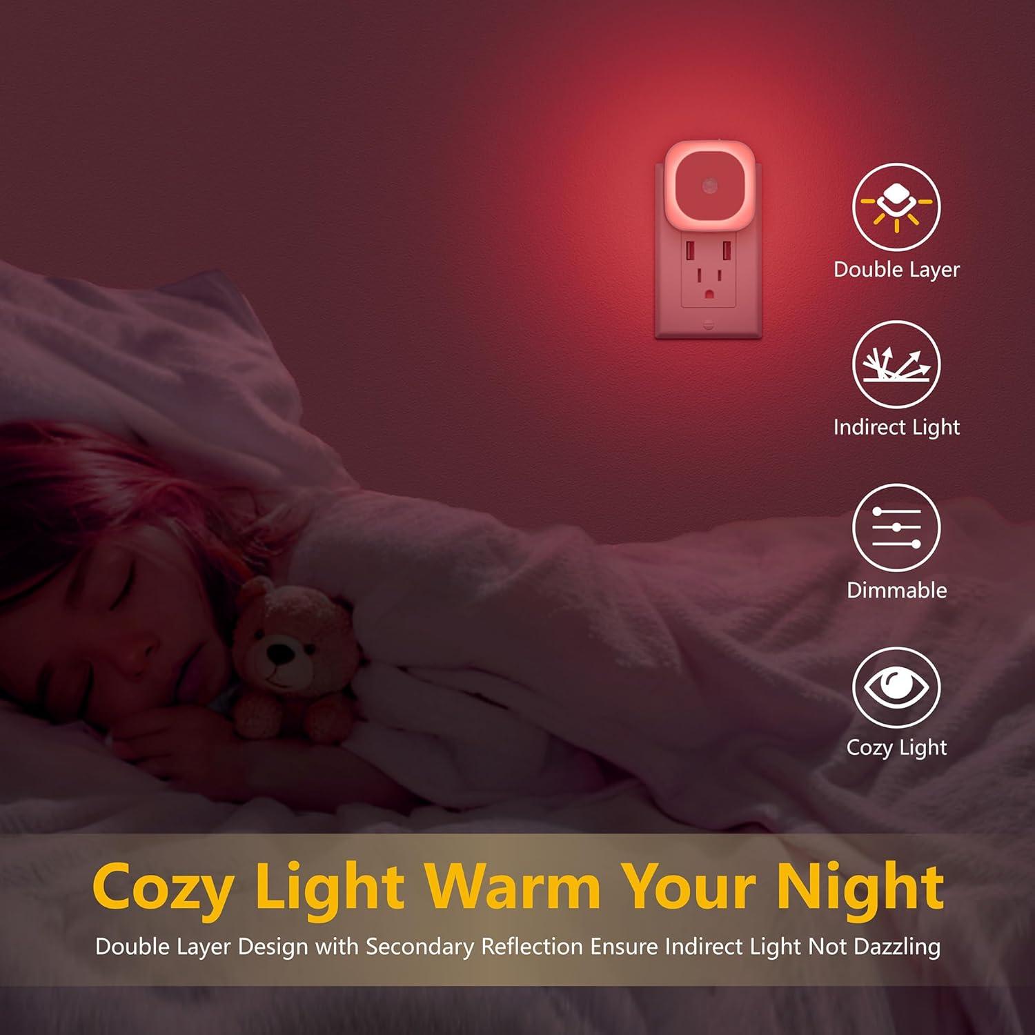 2 Pack Plug in Night Light with Motion Sensor & Dusk to Dawn Sensor, 3 Sensor Modes, Red Night Lights Plug into Wall, Dimmable Nightlight for Bedroom, Bathroom, Indoor, Gifts for Adults, Kids