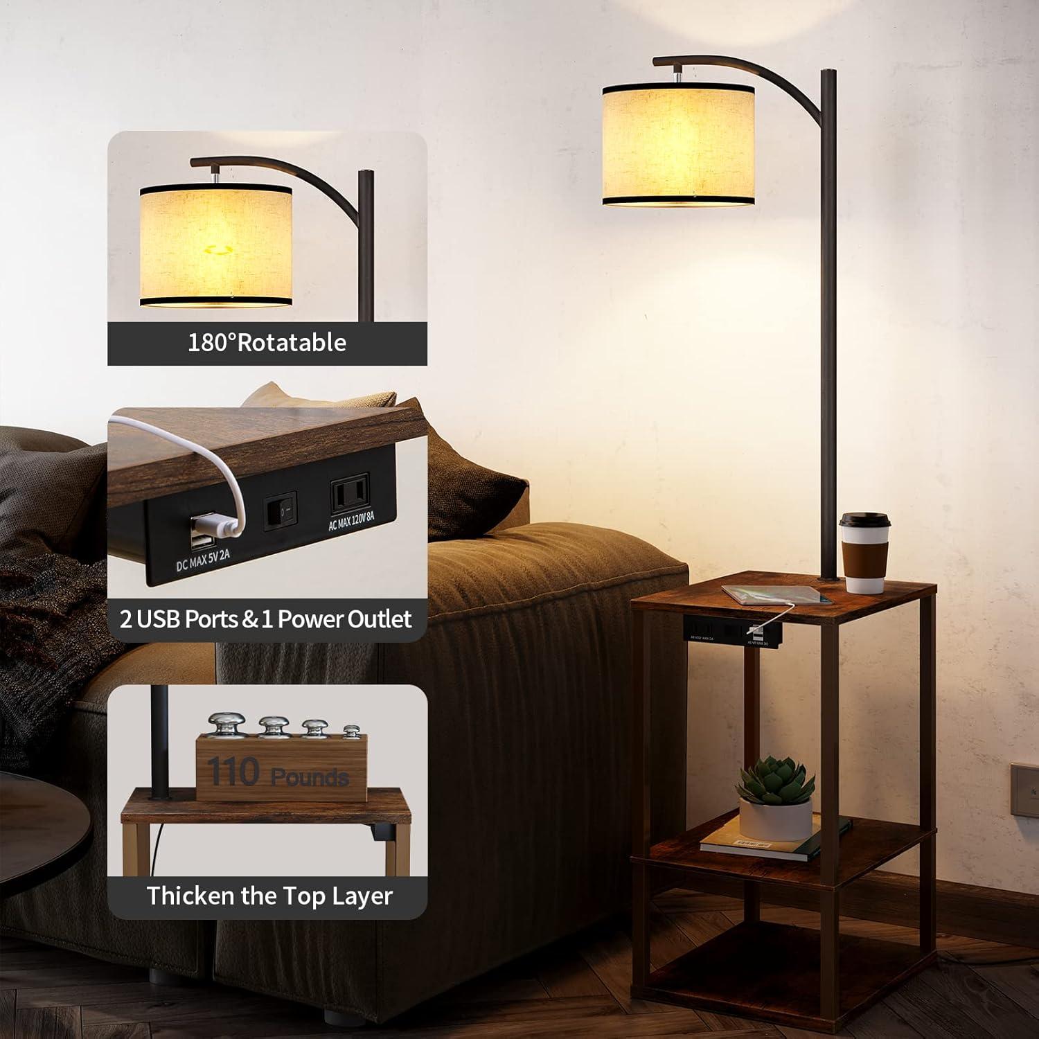 SUNMORY Floor Lamp with Table, Lamps for Living Room with USB Port, Attached End Table with Shelves, Brown