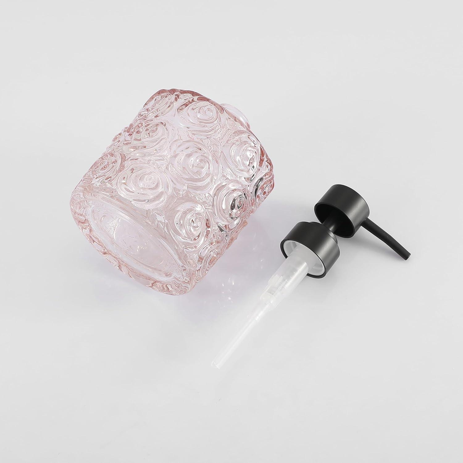 Marcella Glass Soap Dispenser with Soap Pump, Refillable 14 Ounce Capacity, Floral Design Rose Patterns, Heavy Weight Thick Glass for Bathroom, Premium Kitchen Soap Dispenser Peach Blush