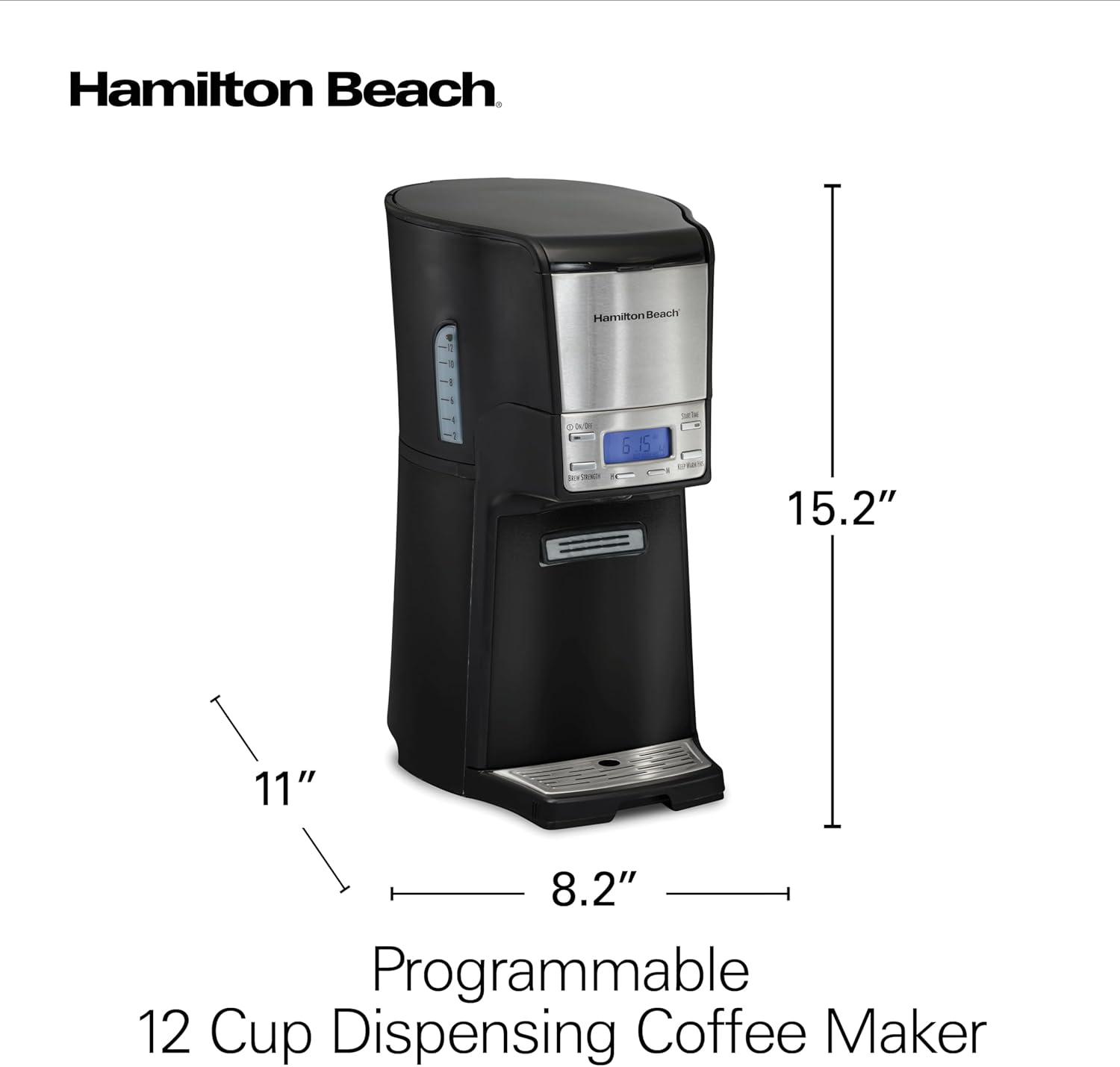 One Press Programmable Dispensing Drip Coffee Maker with 12 Cup Internal Brew Pot, Water Reservoir, Black with Chrome (48464)