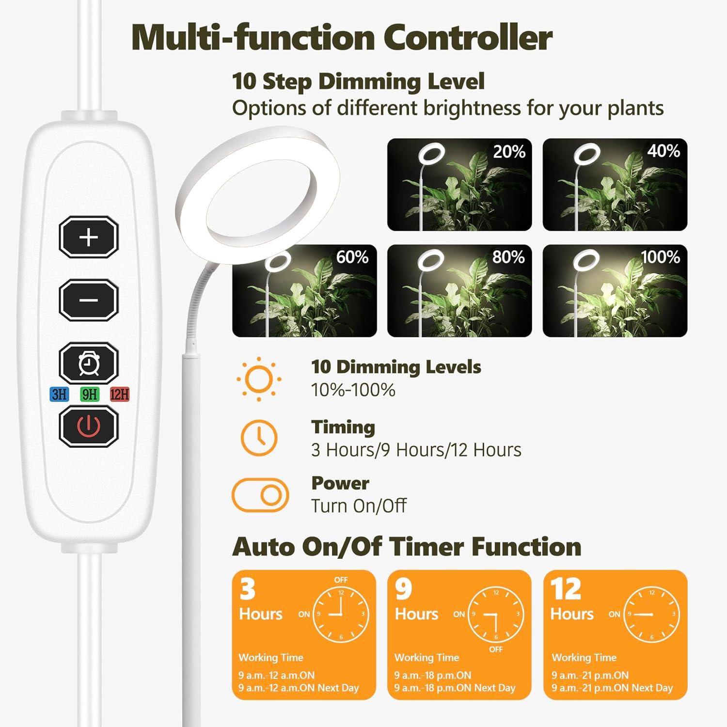 Plant Grow Light, Grow Lights for Indoor Plants Full Spectrum,20W LED Floor Plant Growing Lamp with Height Adjustable Stand, Off Timer 3/9/12H,10 Dimmable Brightness for Small Large Plants,Round