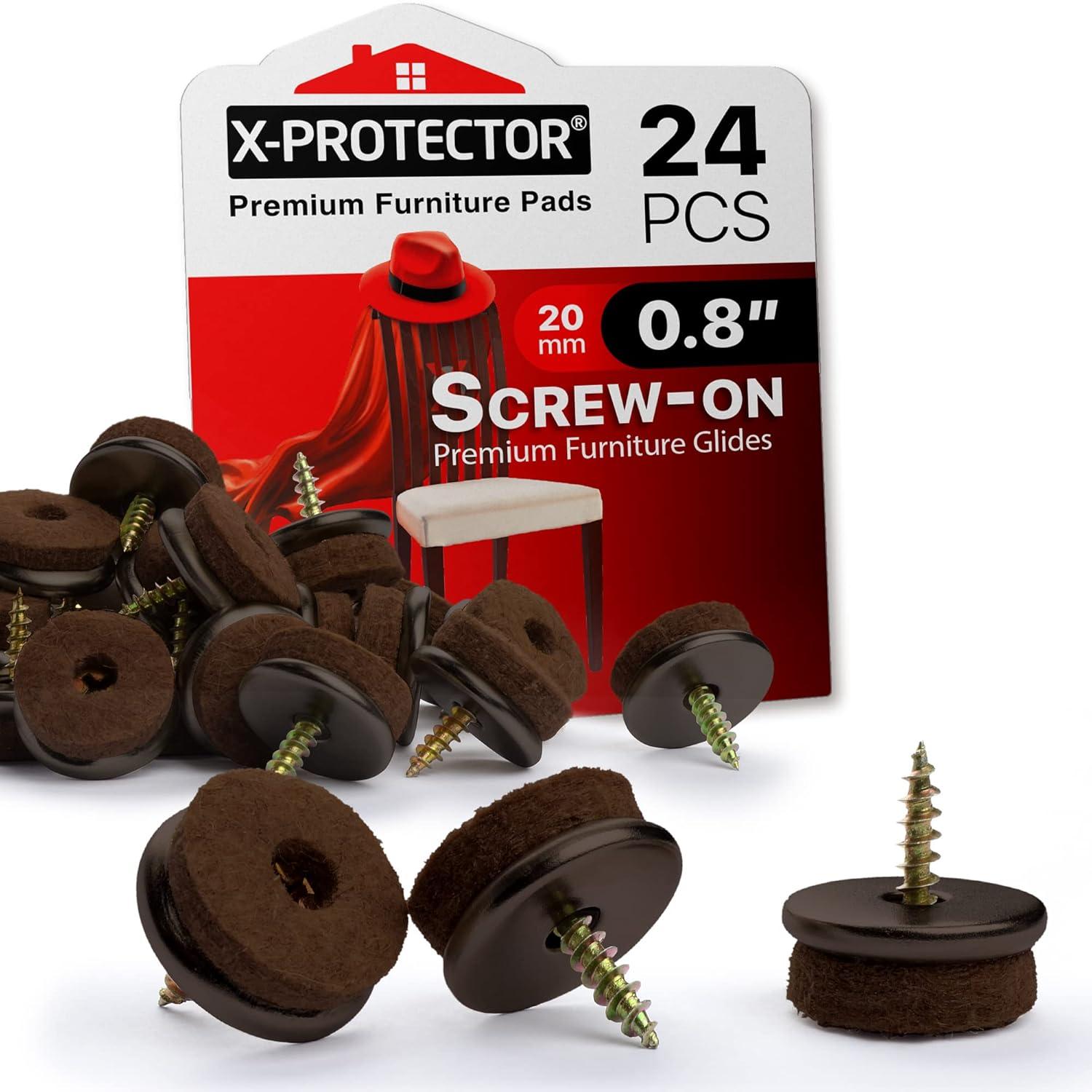 Brown Screw-On Felt Furniture Pads for Hardwood Floors, 0.8" Premium Chair Glides, 24 Pieces